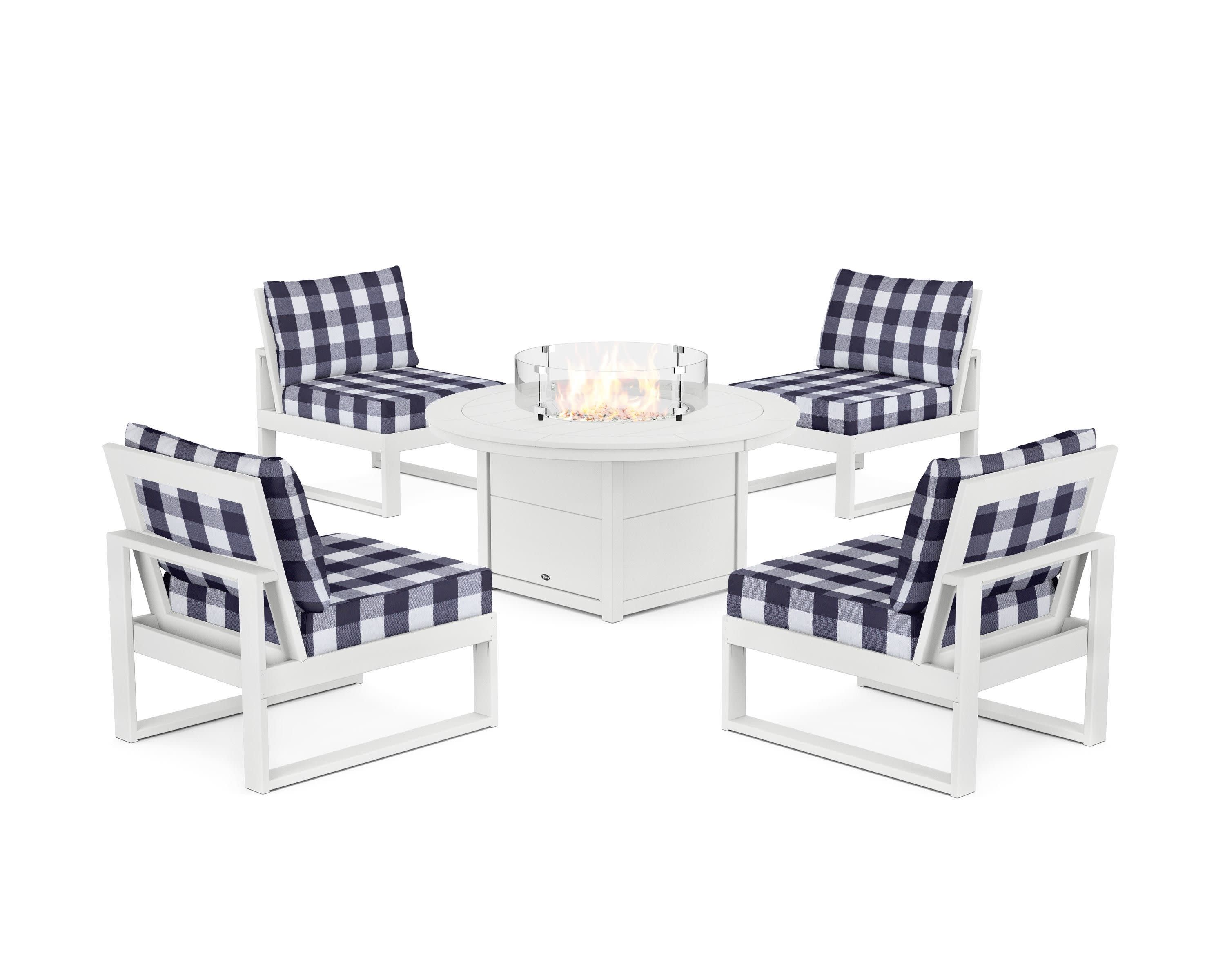 Eastport Modular 5-Piece Deep Seating Set with Round Fire Pit Table in Classic White / Buffalo Plaid Navy