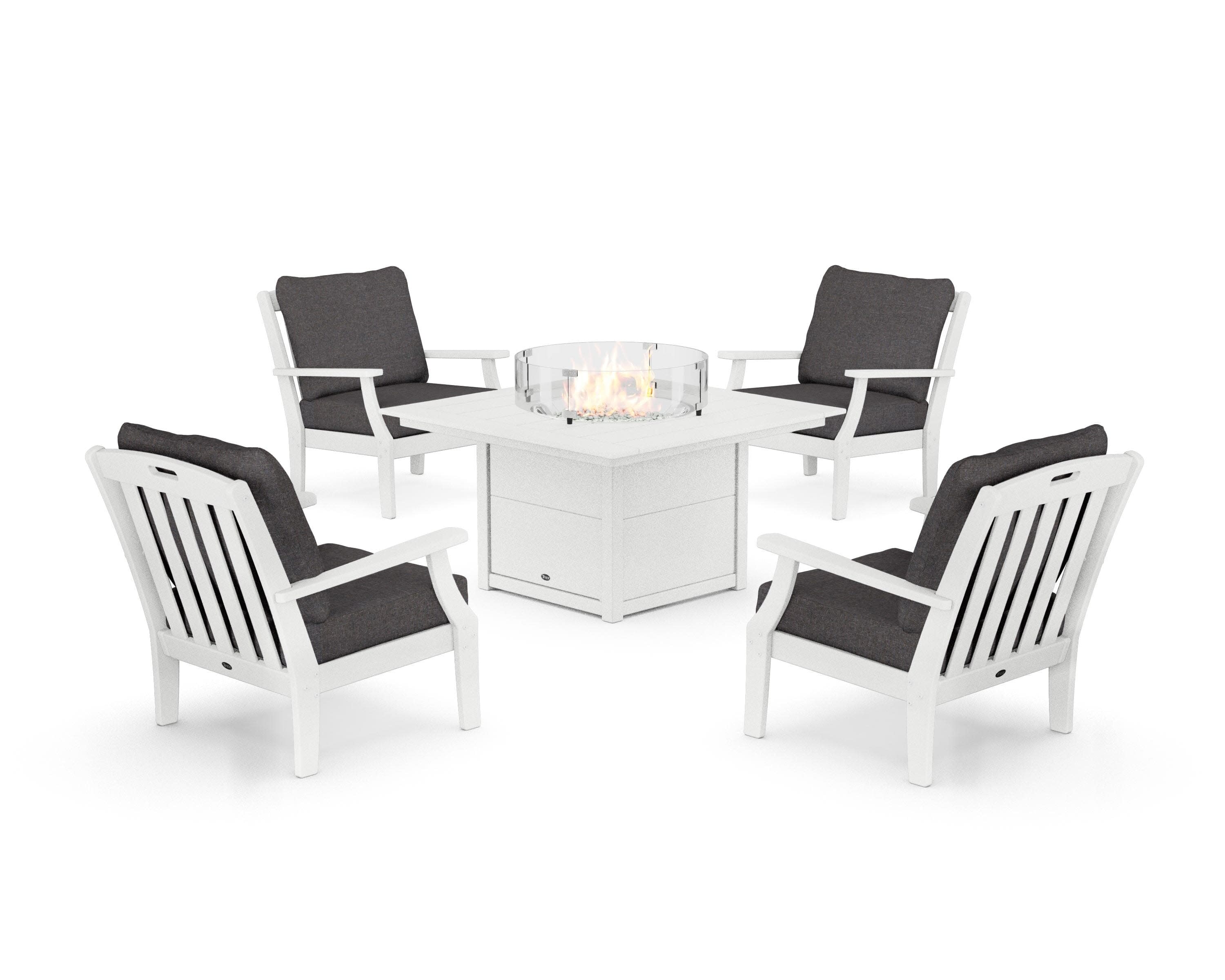 Yacht Club 5-Piece Deep Seating Set with Square Fire Pit Table in Classic White / Ash Charcoal