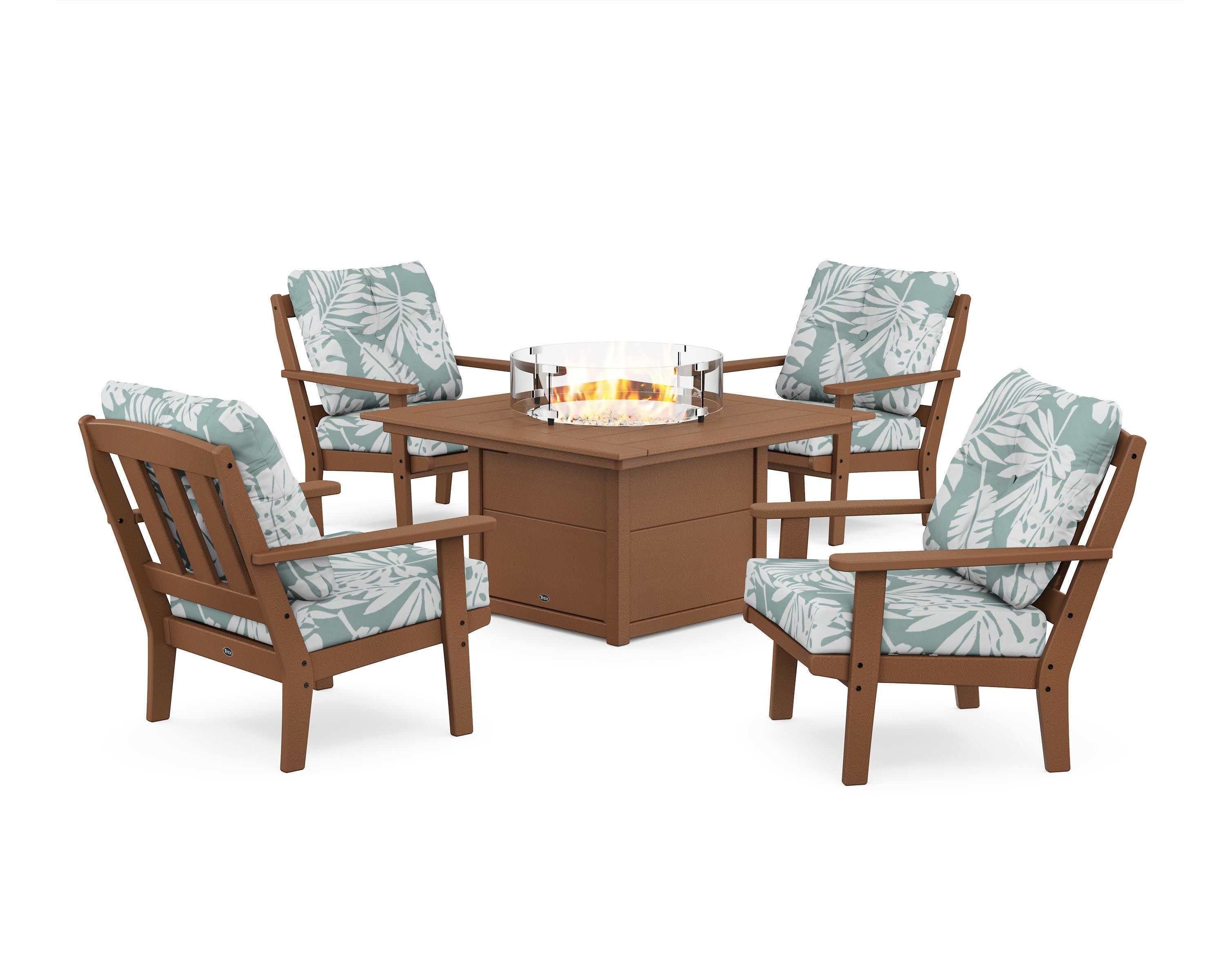 Cape Cod 5-Piece Deep Seating Set with Fire Pit Table in Tree House / Leaf Glacier Spa