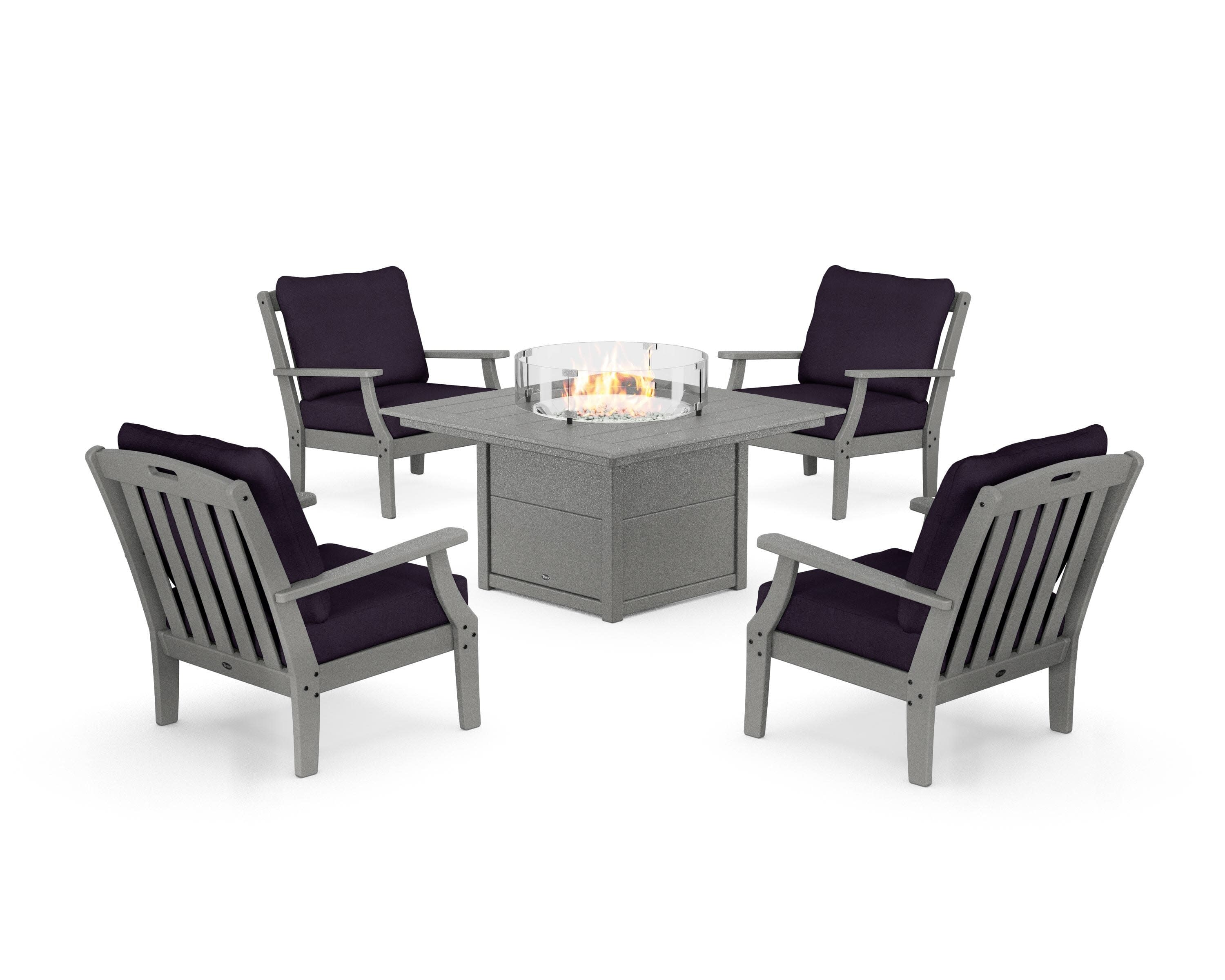 Yacht Club 5-Piece Deep Seating Set with Square Fire Pit Table in Stepping Stone / Navy Linen