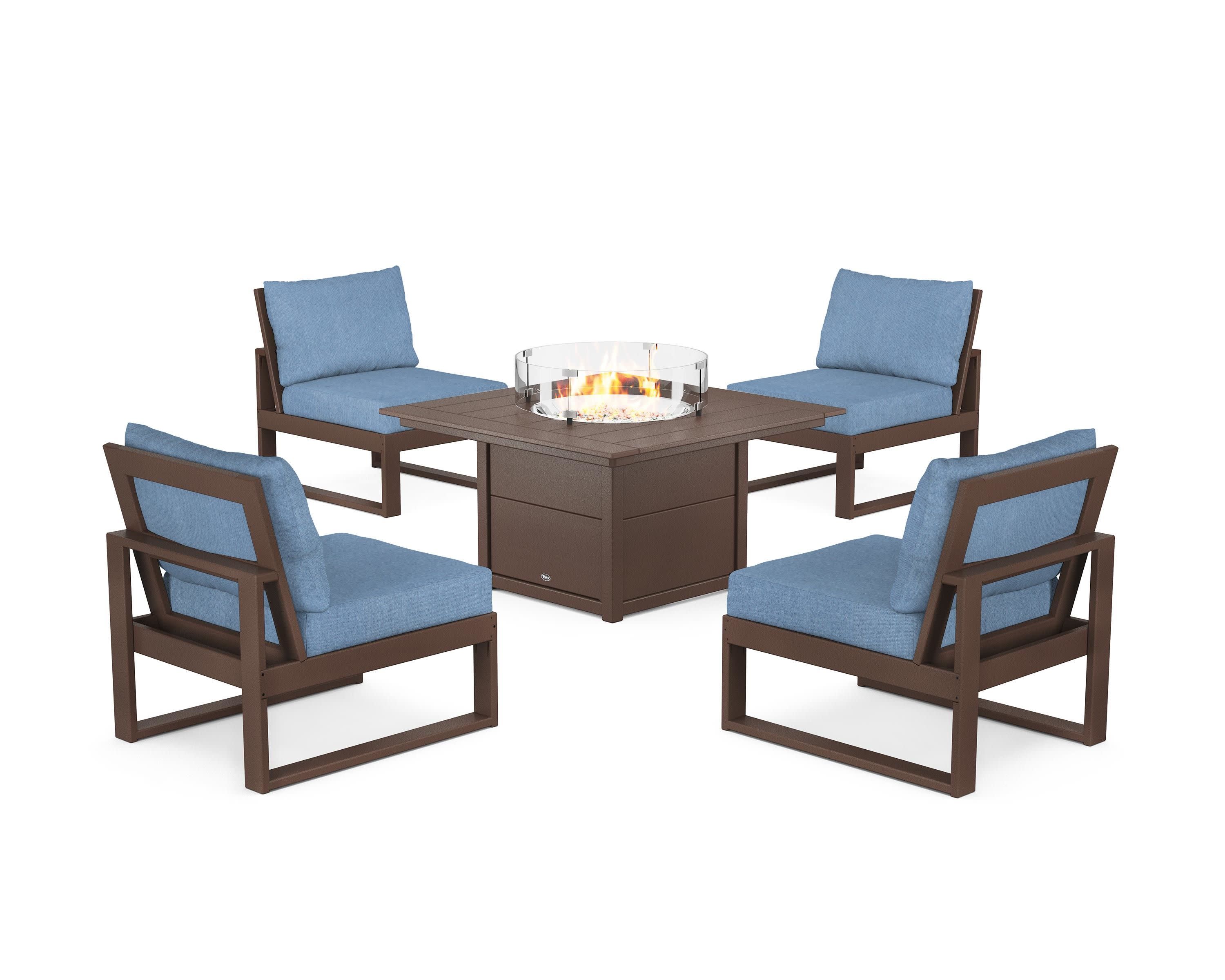 Eastport Modular 5-Piece Deep Seating Set with Square Fire Pit Table in Vintage Lantern / Sky Blue