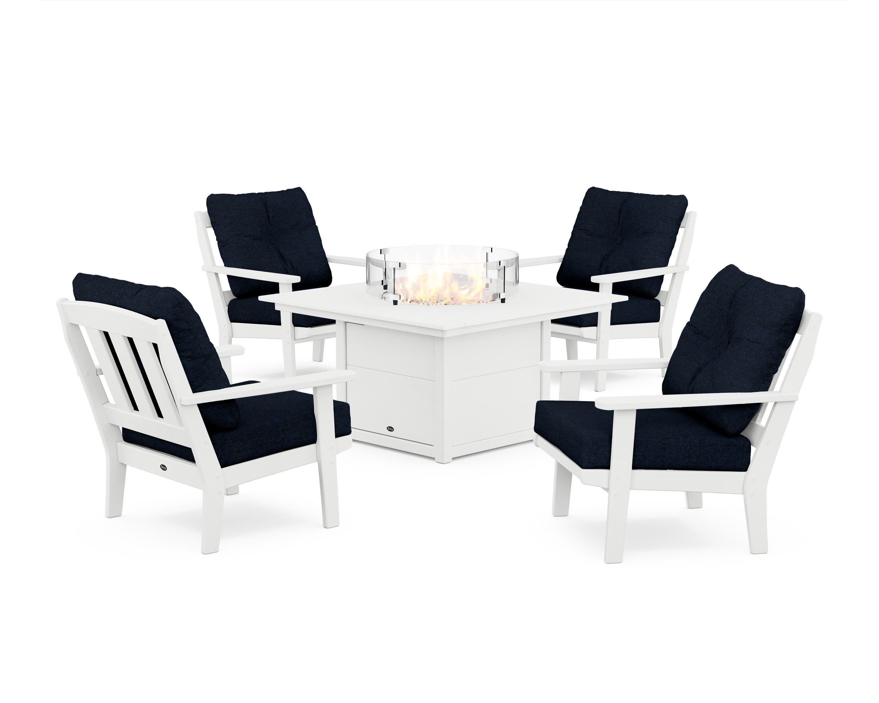Cape Cod 5-Piece Deep Seating Set with Fire Pit Table in Classic White / Marine Indigo