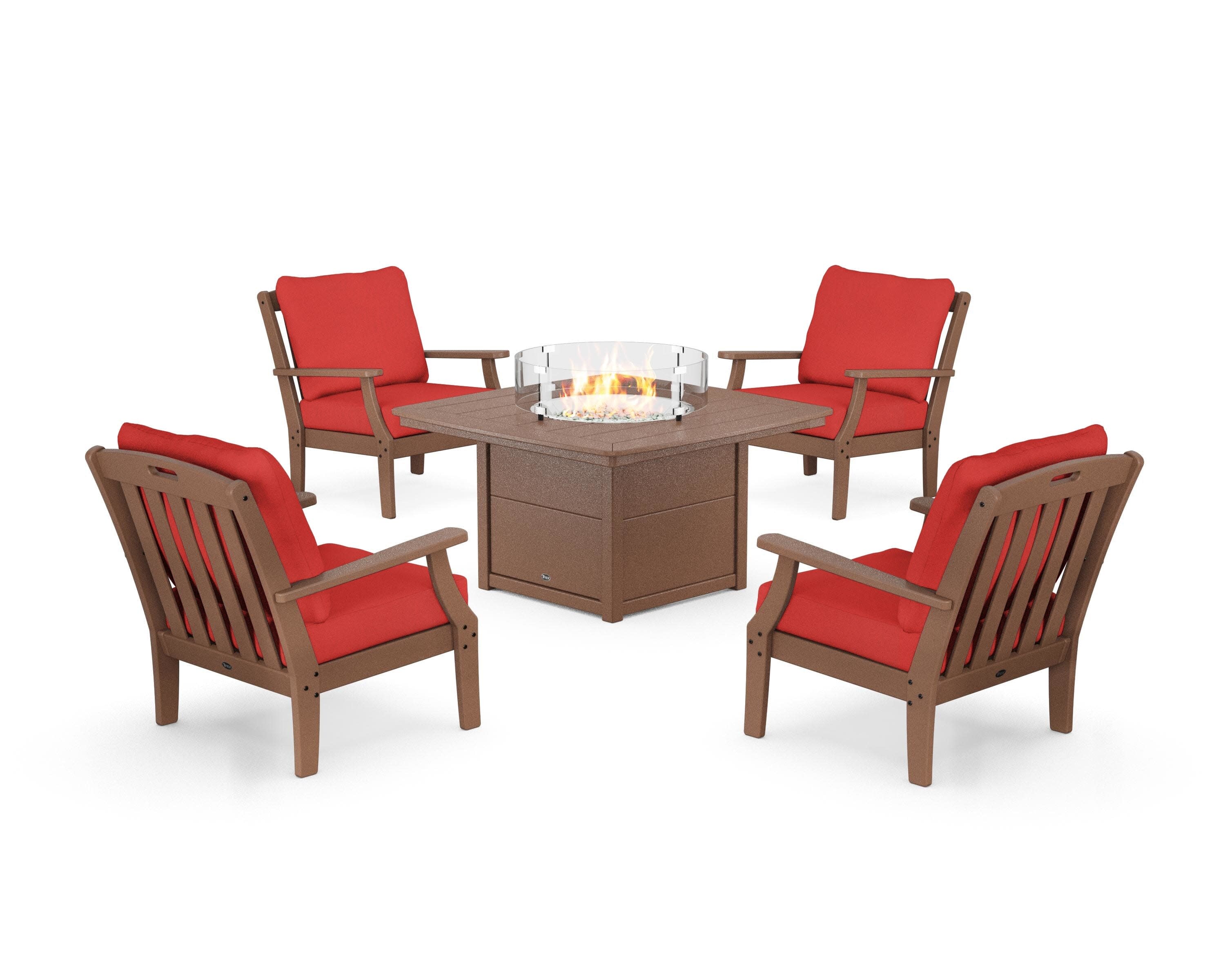 Yacht Club 5-Piece Deep Seating Set with Fire Pit Table in Tree House / Crimson Linen