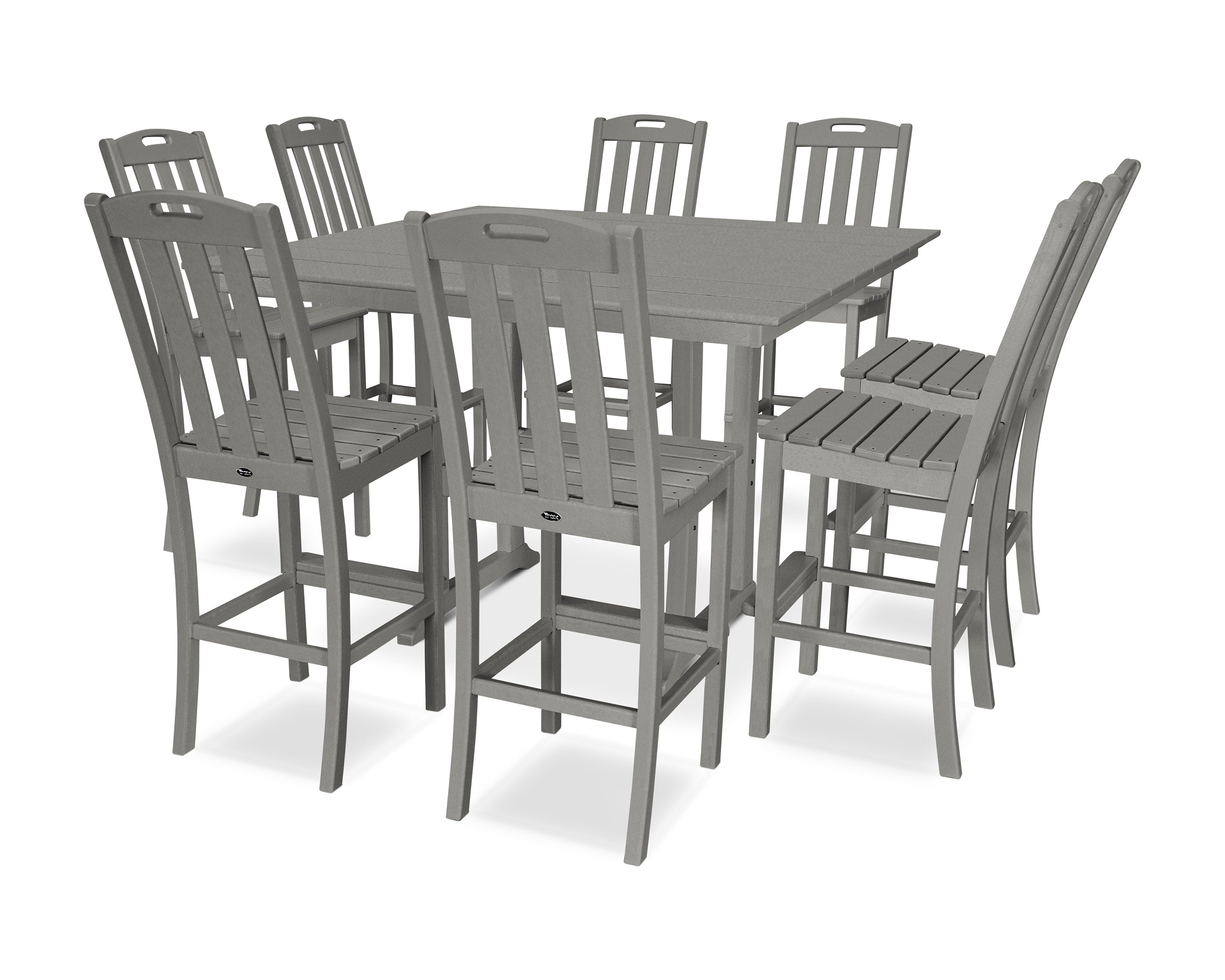 Yacht Club 9-Piece Farmhouse Trestle Side Chair Bar Set in Stepping Stone