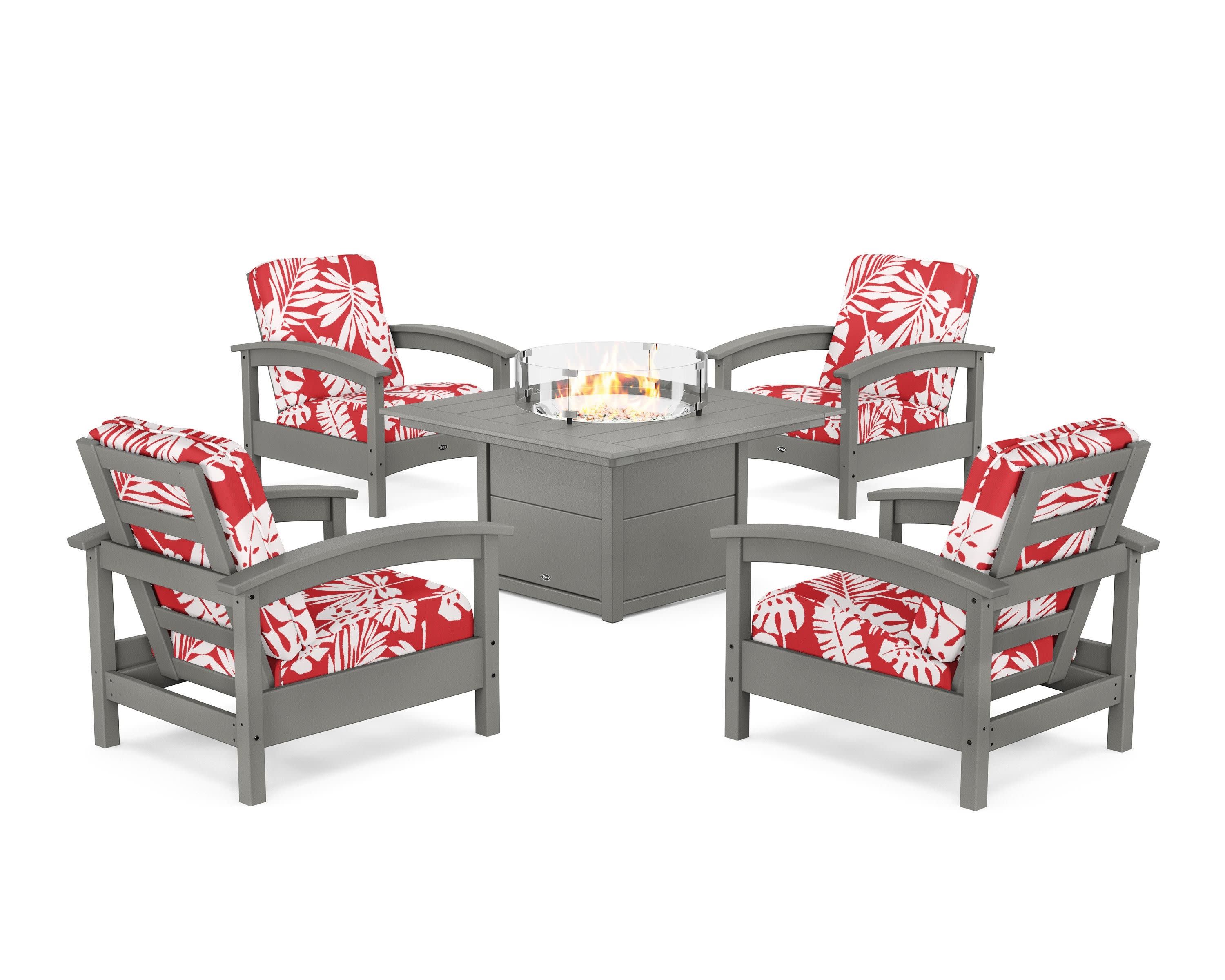 Rockport 5-Piece Deep Seating Set with Square Fire Pit Table in Stepping Stone / Leaf Crimson