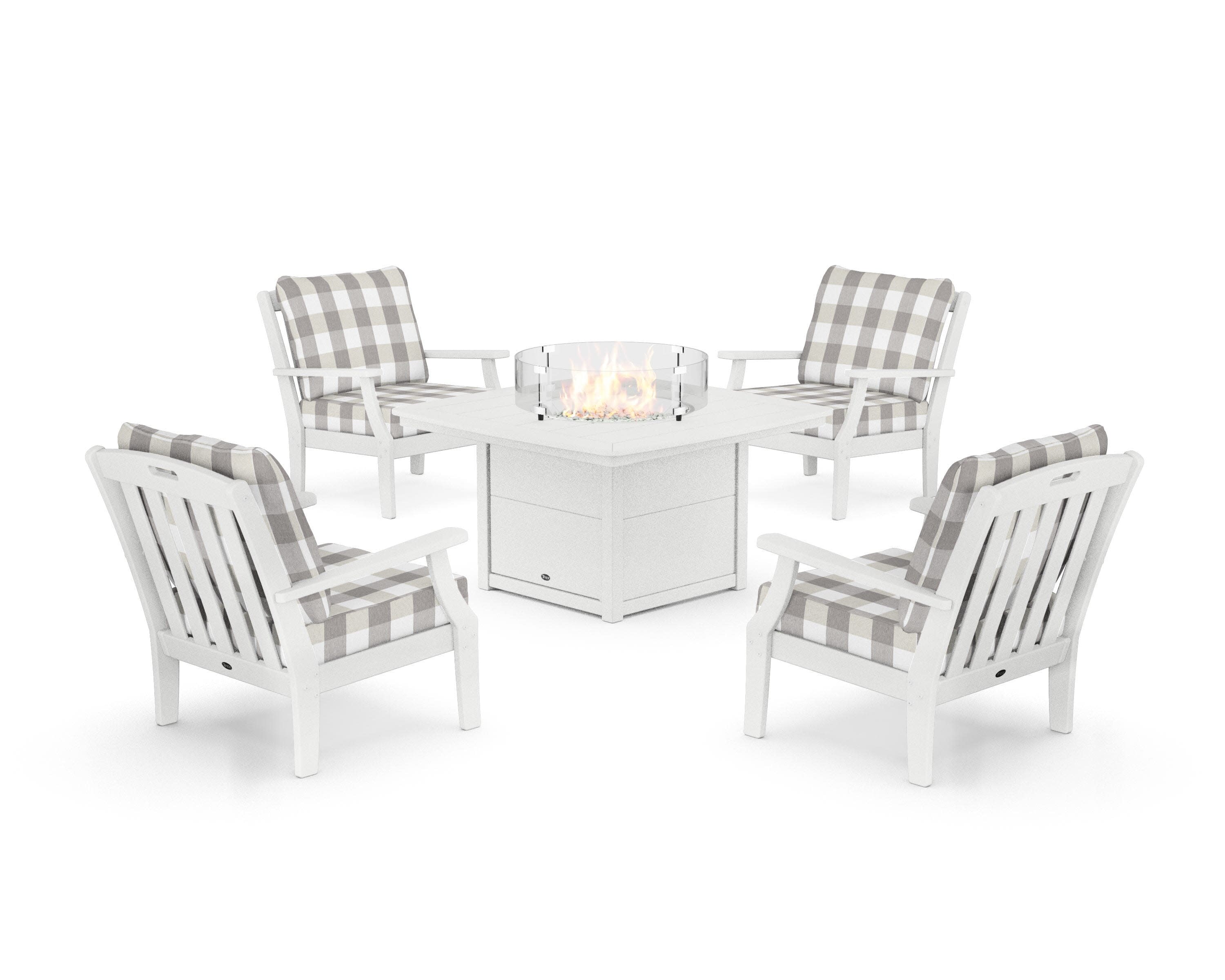 Yacht Club 5-Piece Deep Seating Set with Fire Pit Table in Classic White / Buffalo Plaid Grey Mist