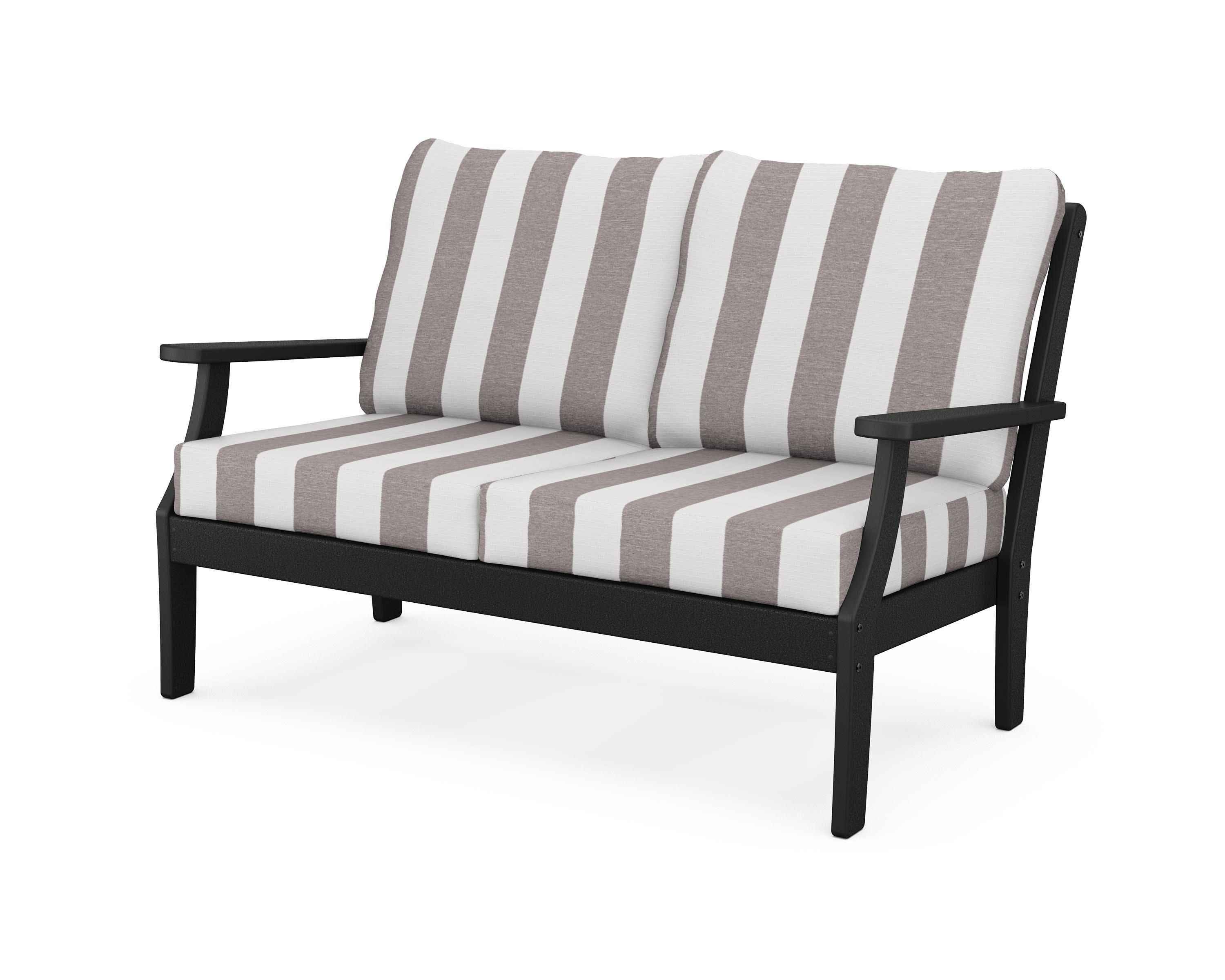 Yacht Club Deep Seating Loveseat in Charcoal Black / Cabana Stripe Grey Mist