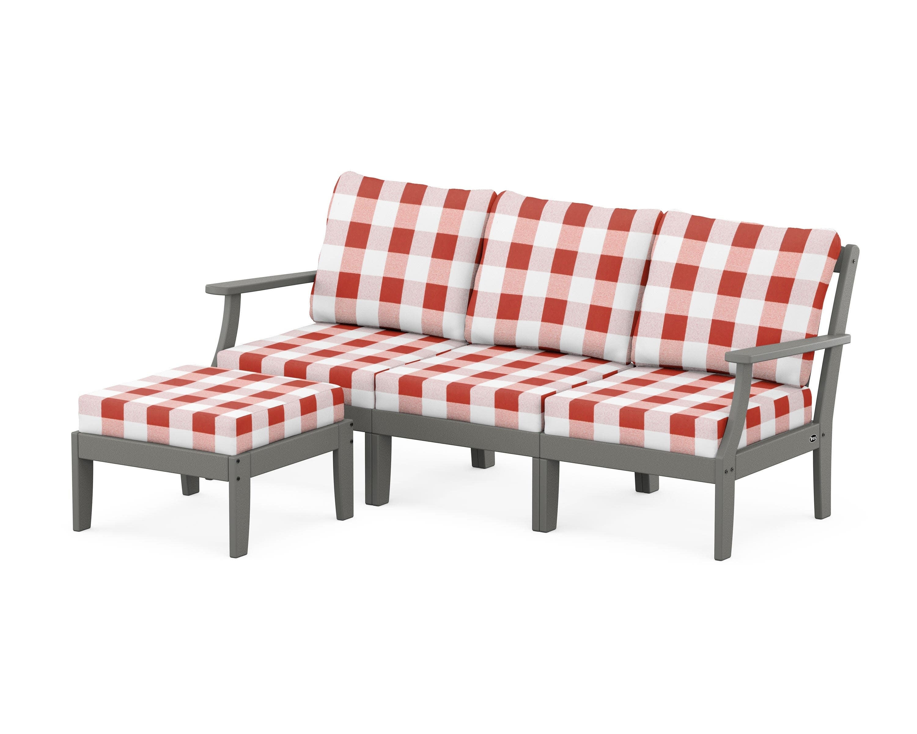 Yacht Club Modular 4-Piece Deep Seating Set with Ottoman in Stepping Stone / Buffalo Plaid Crimson