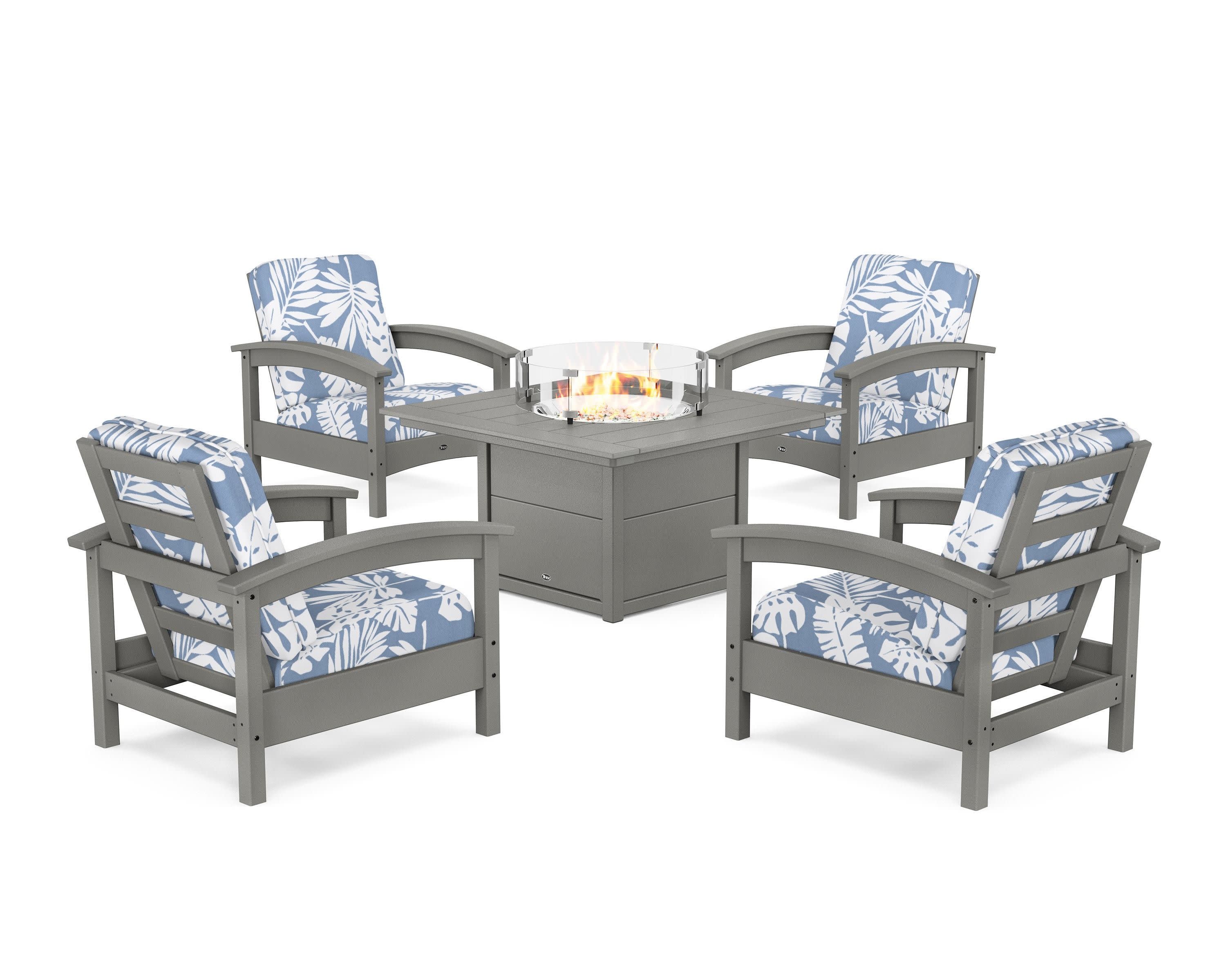 Rockport 5-Piece Deep Seating Set with Square Fire Pit Table in Stepping Stone / Leaf Sky Blue