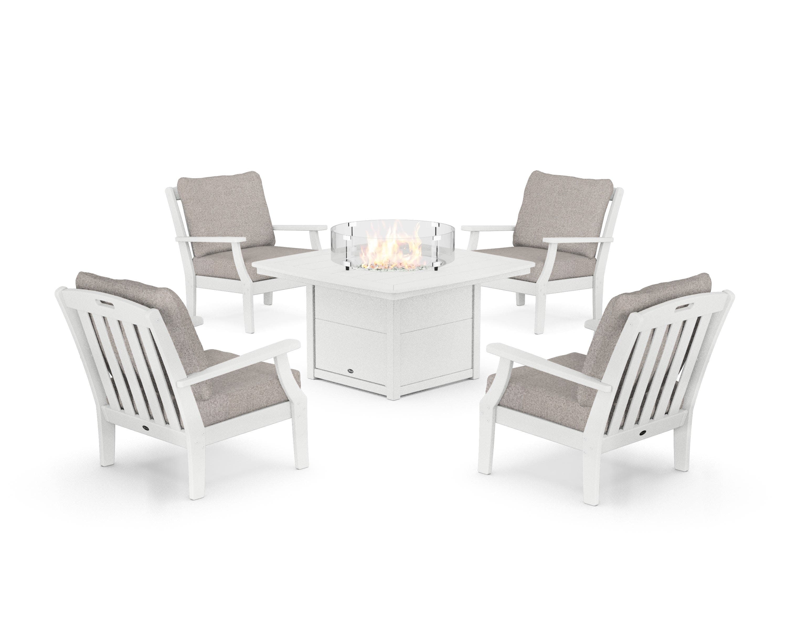 Yacht Club 5-Piece Deep Seating Set with Fire Pit Table in Classic White / Weathered Tweed