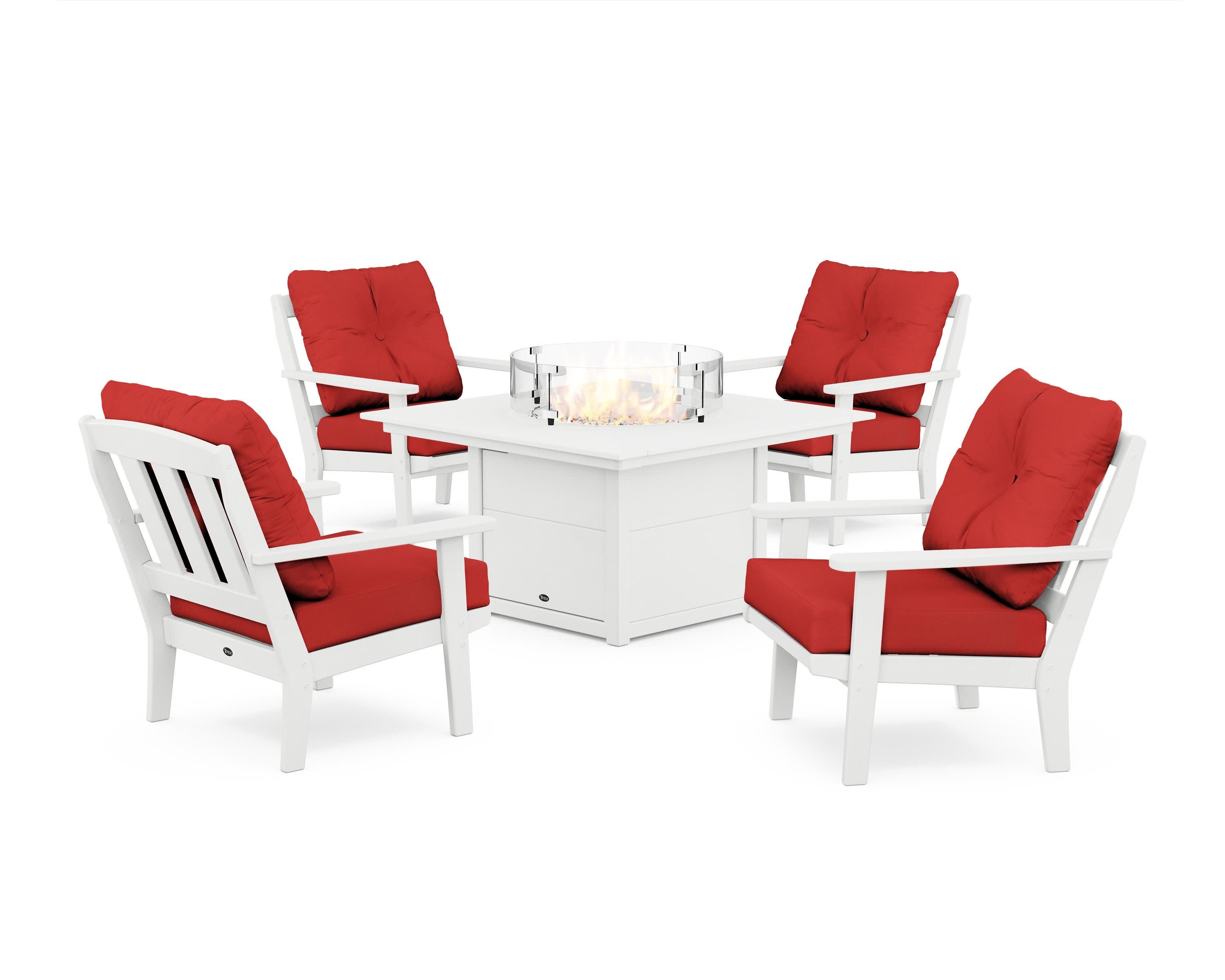 Cape Cod 5-Piece Deep Seating Set with Fire Pit Table in Classic White / Crimson Linen