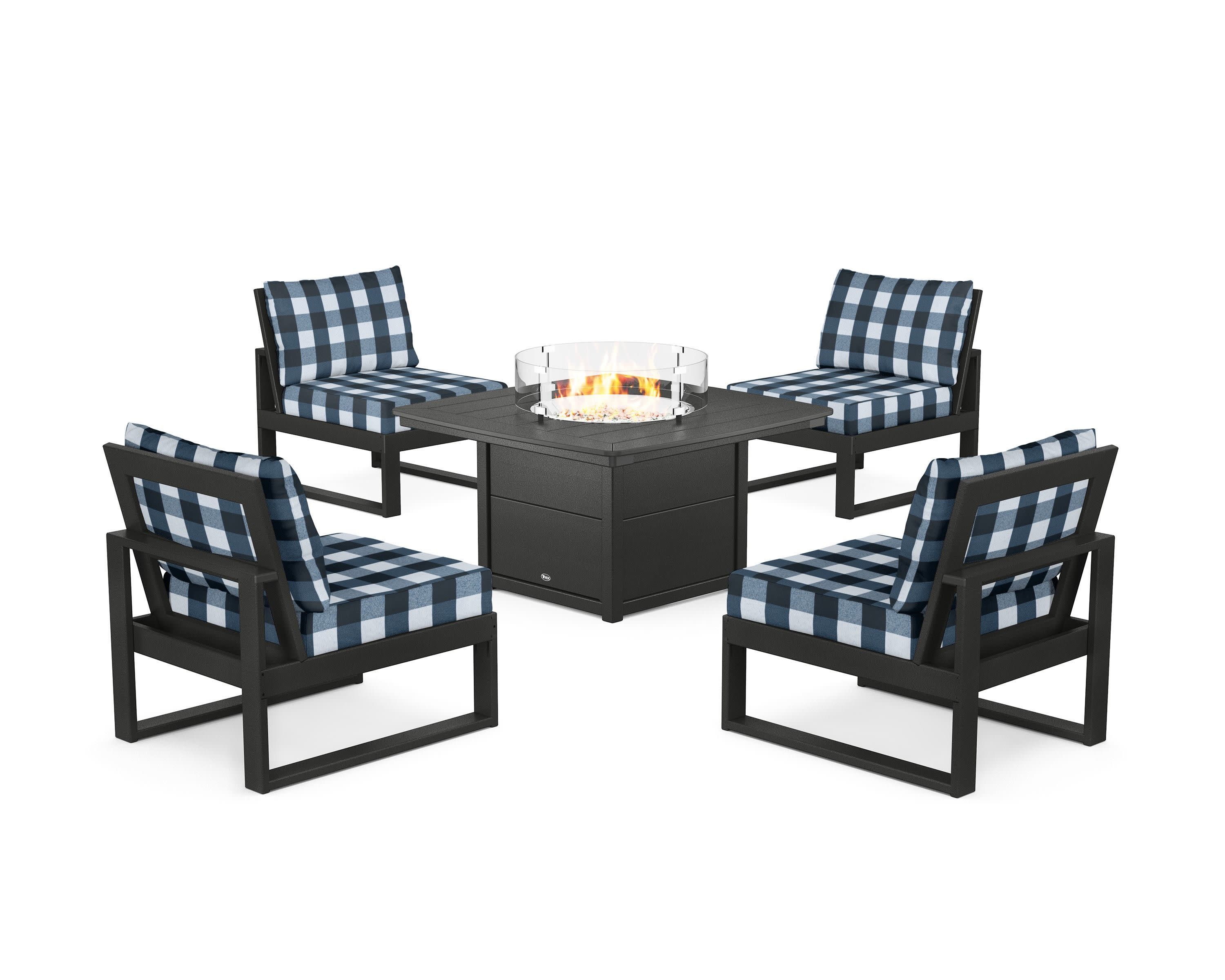 Eastport Modular 5-Piece Deep Seating Set with Yacht Club Fire Pit Table in Charcoal Black / Buffalo Plaid Marine Indigo