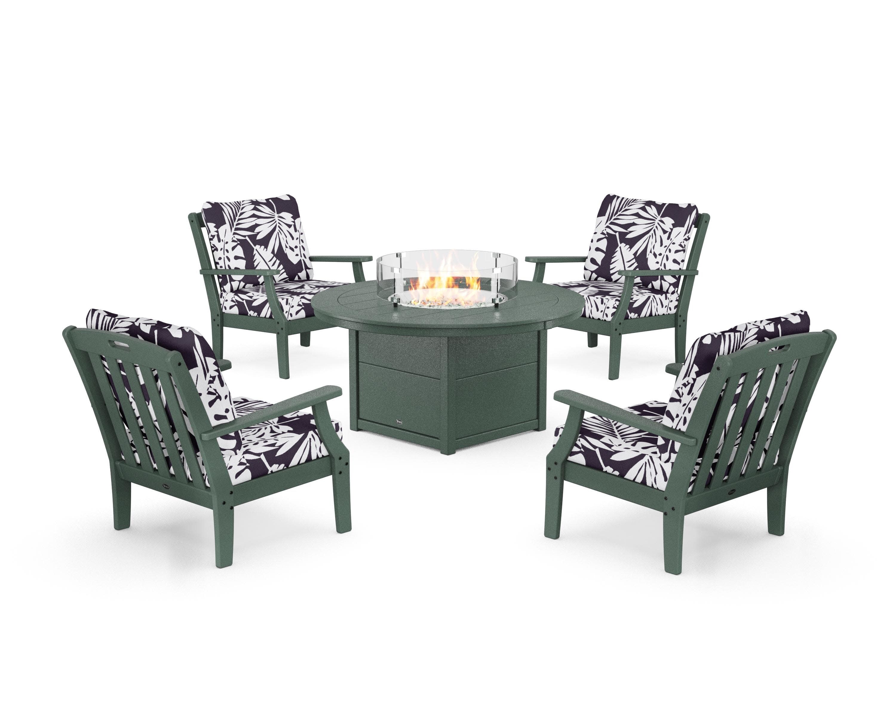 Yacht Club 5-Piece Deep Seating Set with Round Fire Pit Table in Rainforest Canopy / Leaf Navy