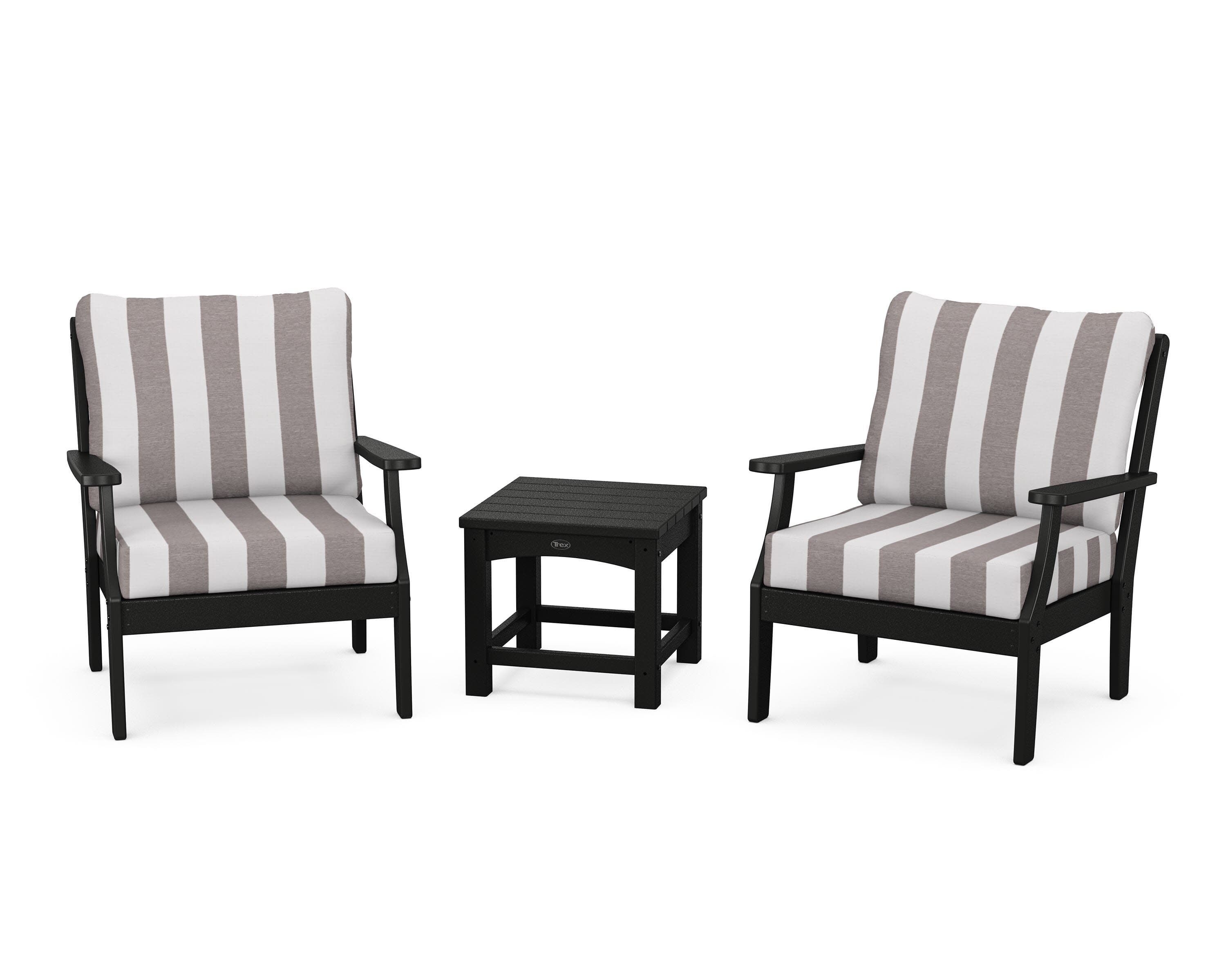 Yacht Club 3-Piece Deep Seating Set in Charcoal Black / Cabana Stripe Grey Mist