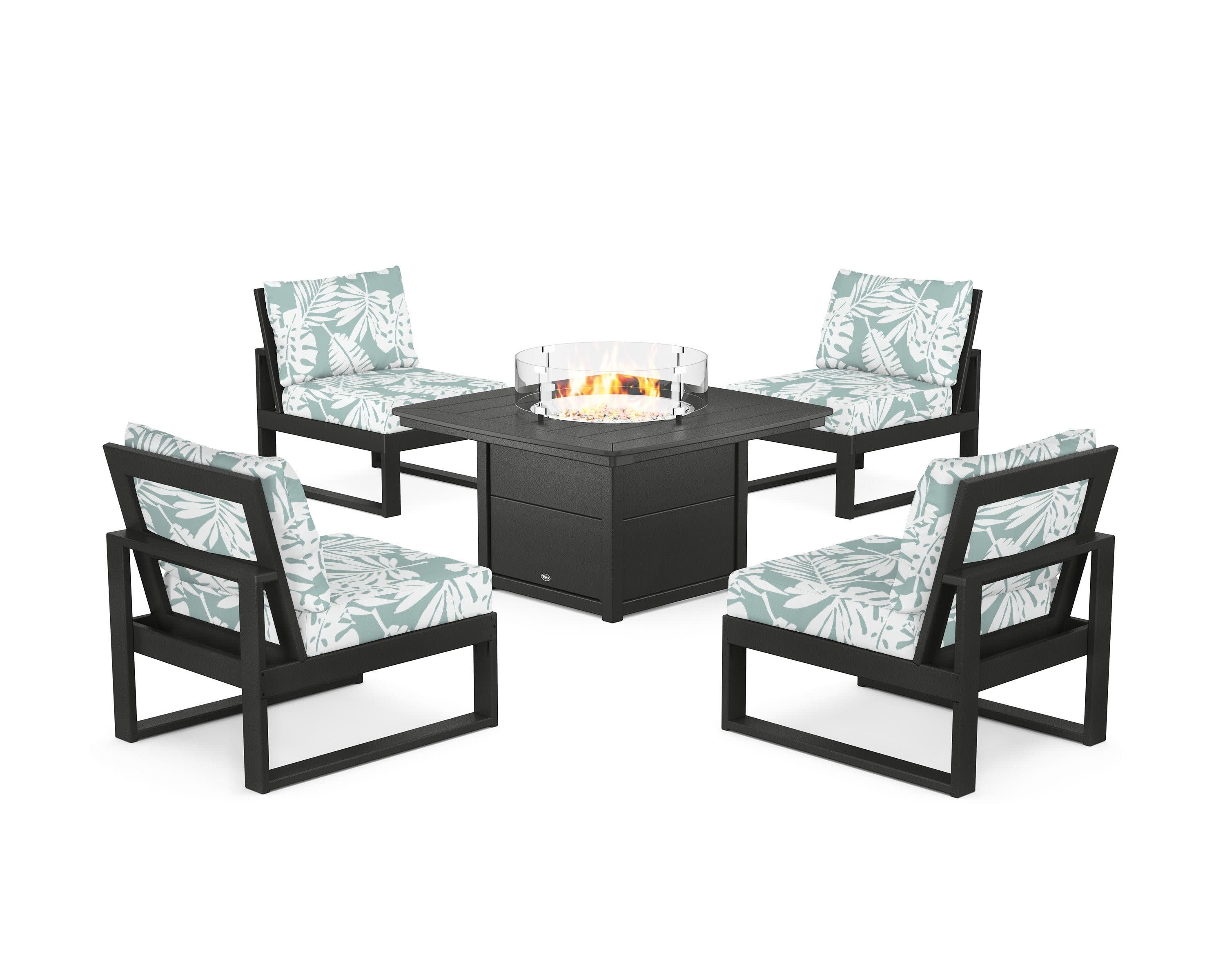 Eastport Modular 5-Piece Deep Seating Set with Yacht Club Fire Pit Table in Charcoal Black / Leaf Glacier Spa
