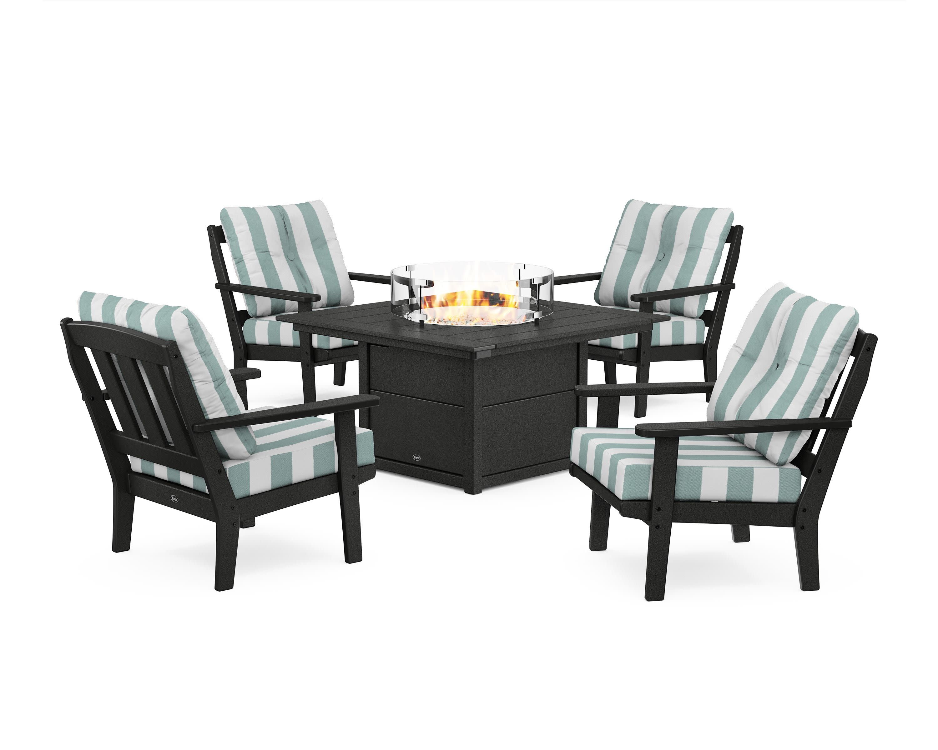 Cape Cod 5-Piece Deep Seating Set with Fire Pit Table in Charcoal Black / Cabana Stripe Glacier Spa