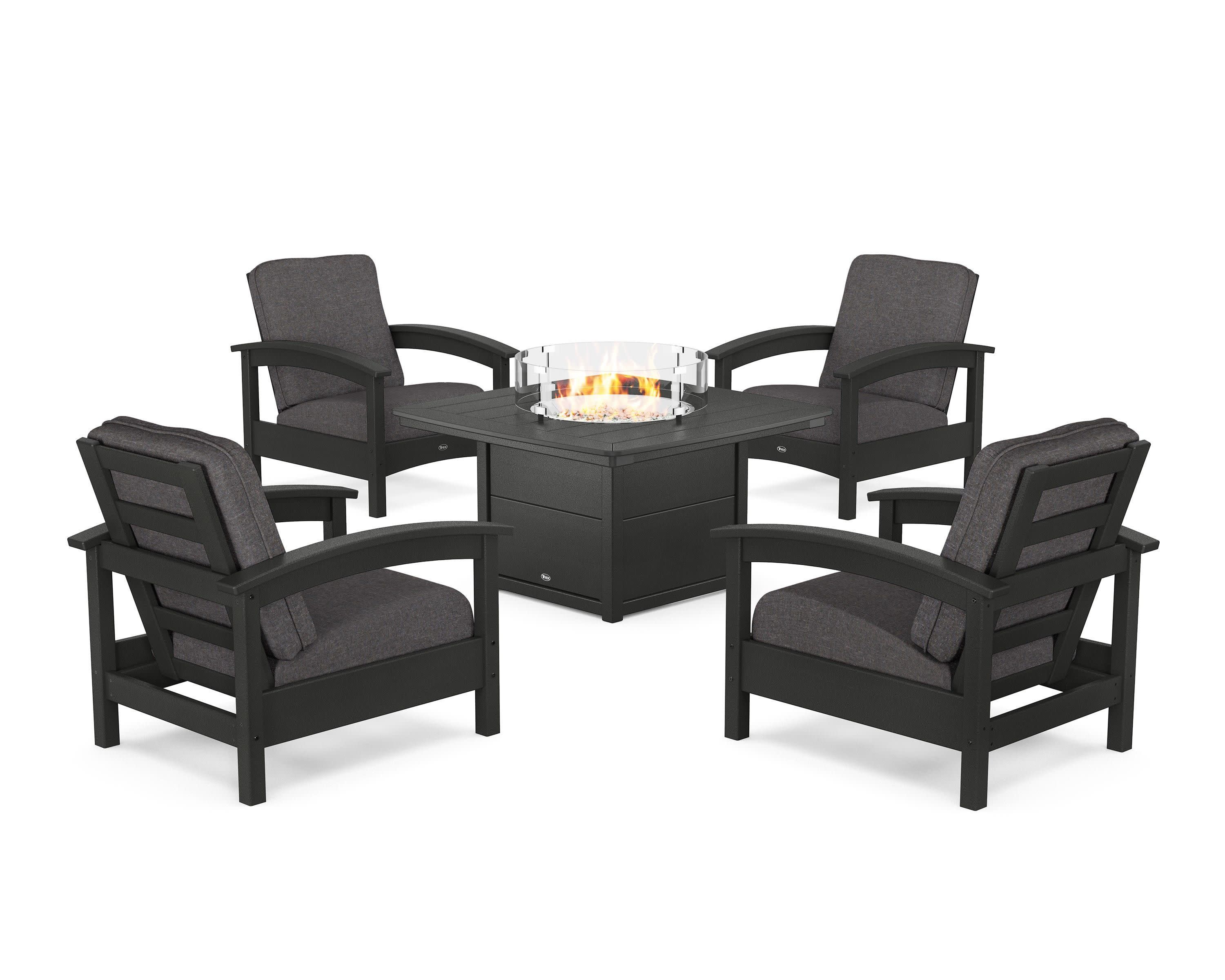 Rockport 5-Piece Deep Seating Set with Yacht Club Fire Pit Table in Charcoal Black / Ash Charcoal