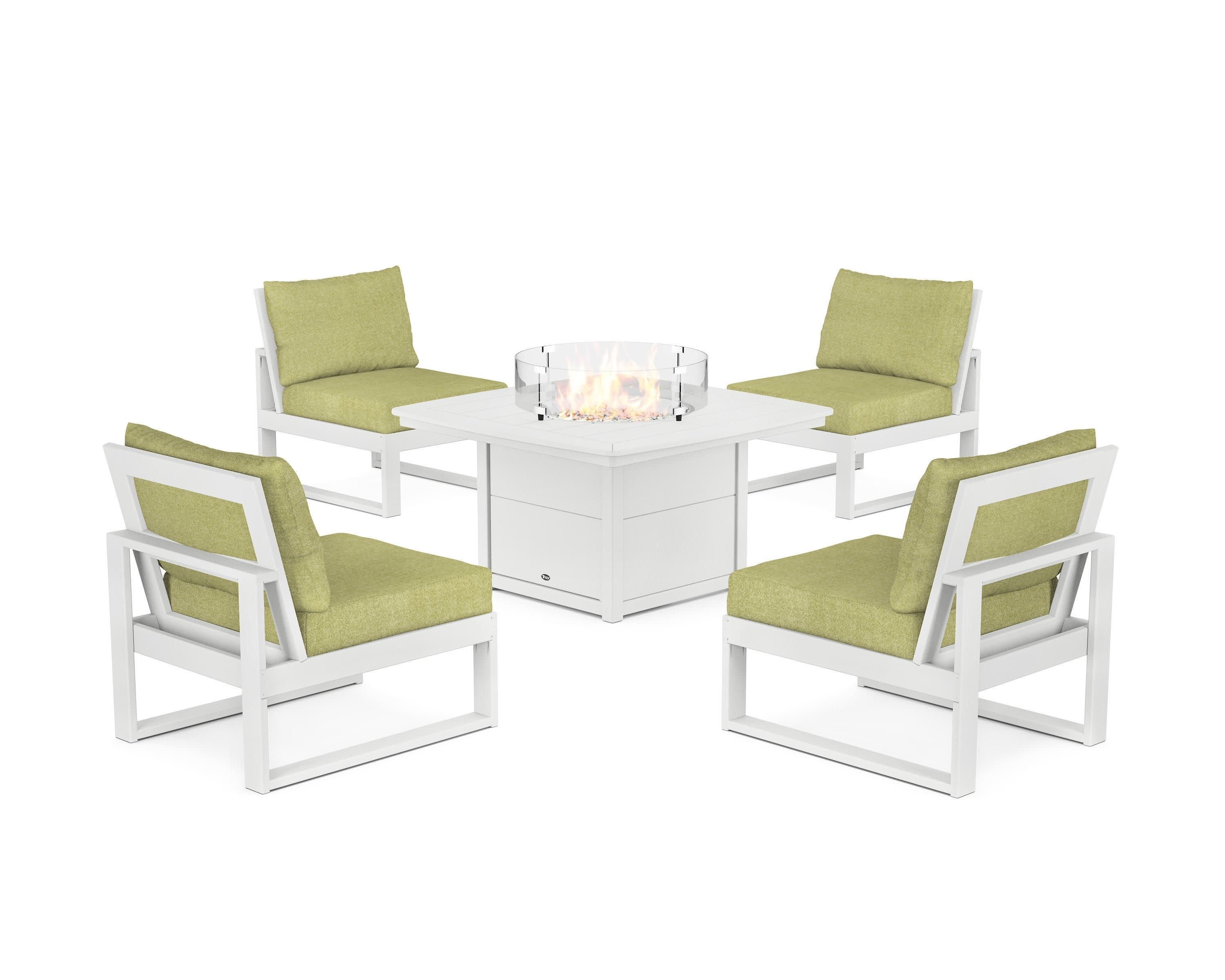 Eastport Modular 5-Piece Deep Seating Set with Yacht Club Fire Pit Table in Classic White / Chartreuse Boucle