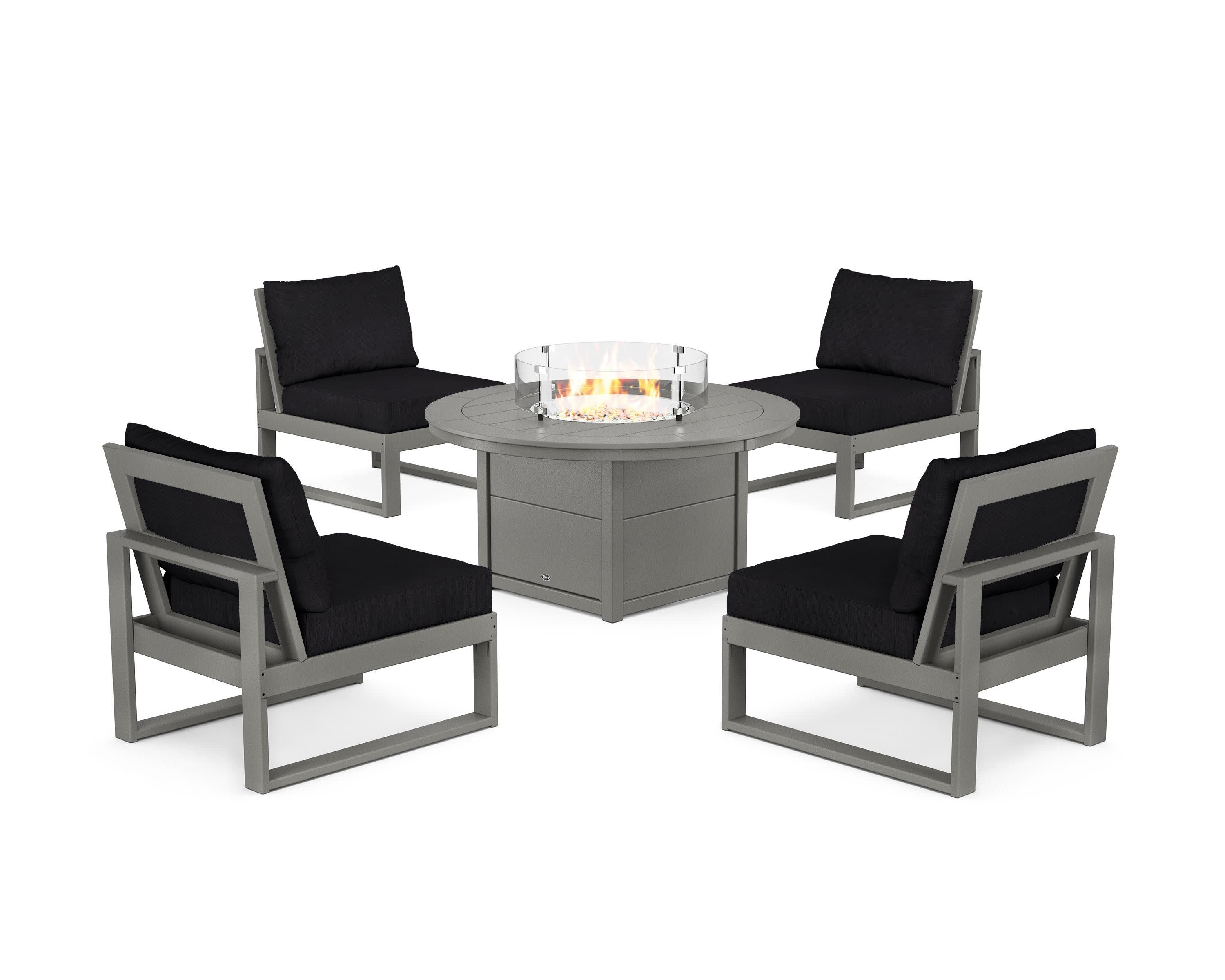 Eastport Modular 5-Piece Deep Seating Set with Round Fire Pit Table in Stepping Stone / Midnight Linen