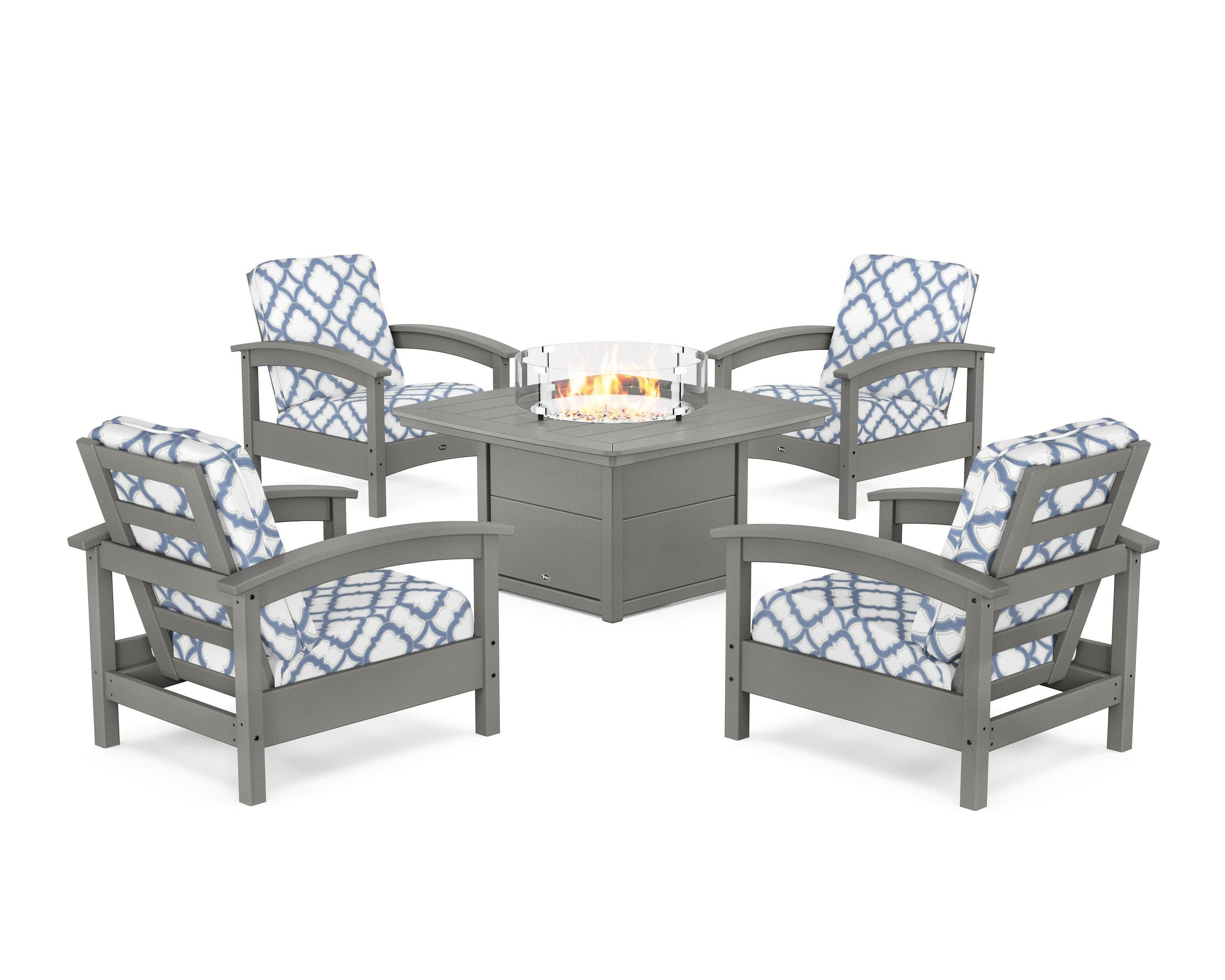 Rockport 5-Piece Deep Seating Set with Yacht Club Fire Pit Table in Stepping Stone / Trellis Sky Blue