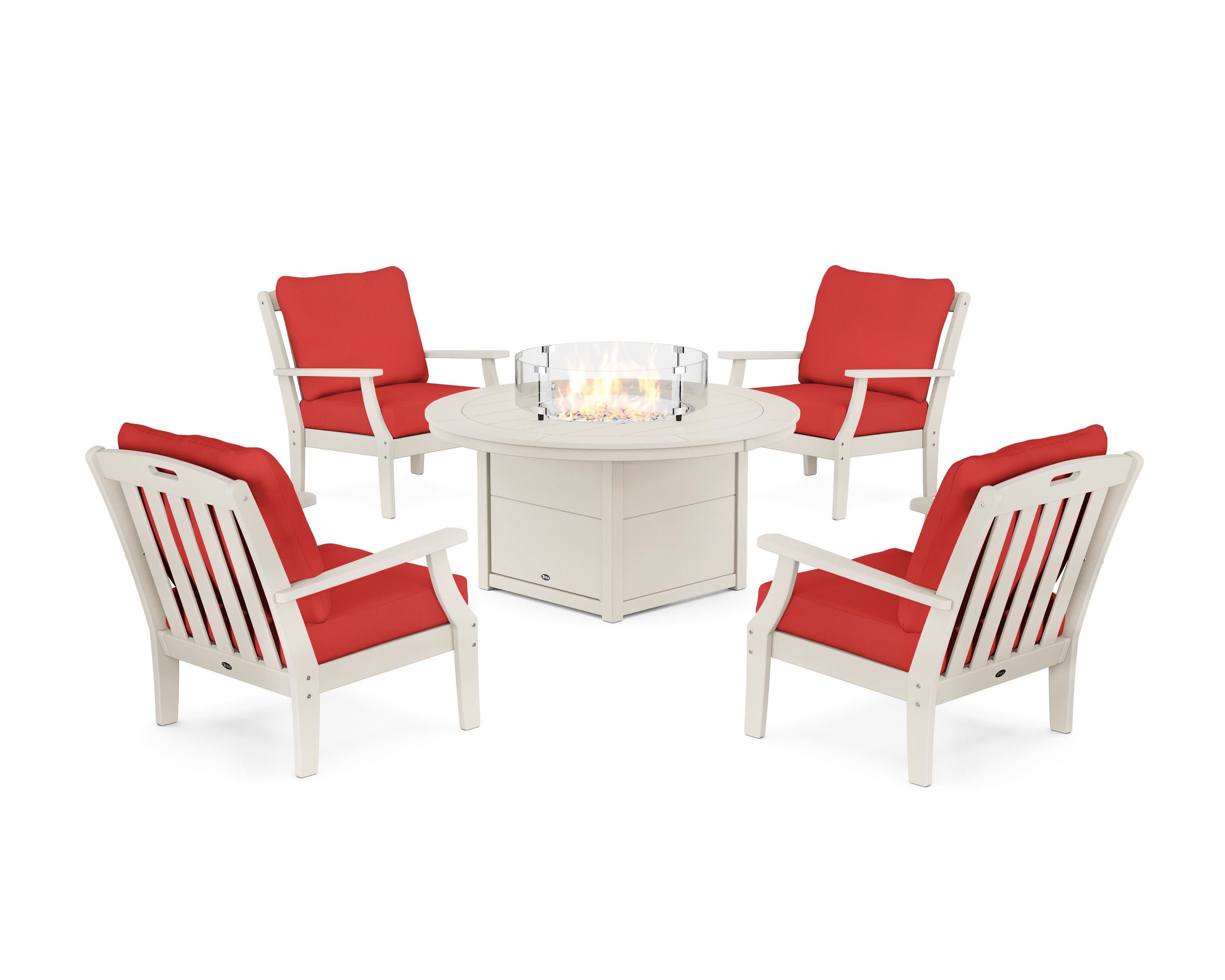 Yacht Club 5-Piece Deep Seating Set with Round Fire Pit Table in Sand Castle / Crimson Linen