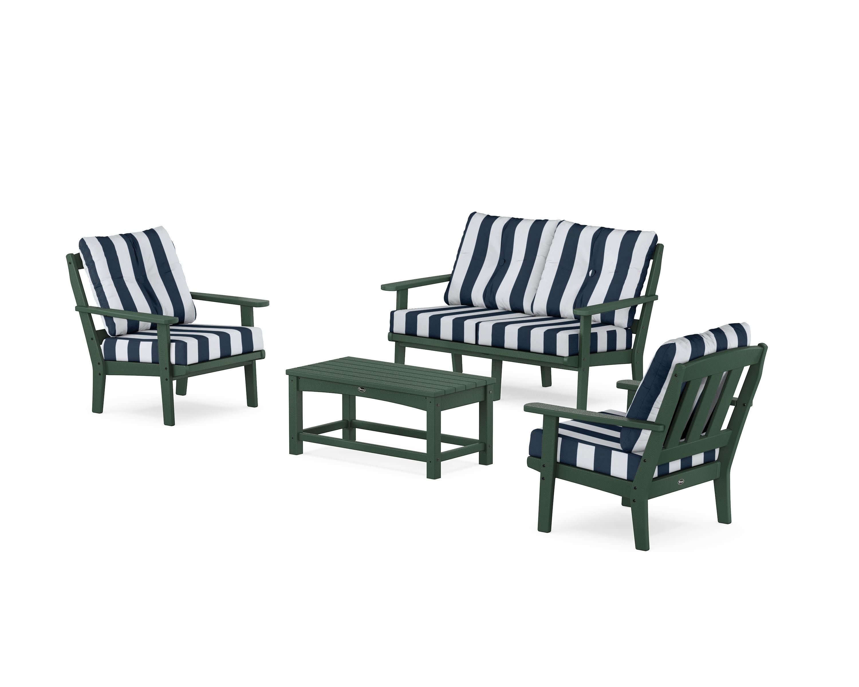 Cape Cod 4-Piece Deep Seating Set with Loveseat in Rainforest Canopy / Cabana Stripe Marine Indigo