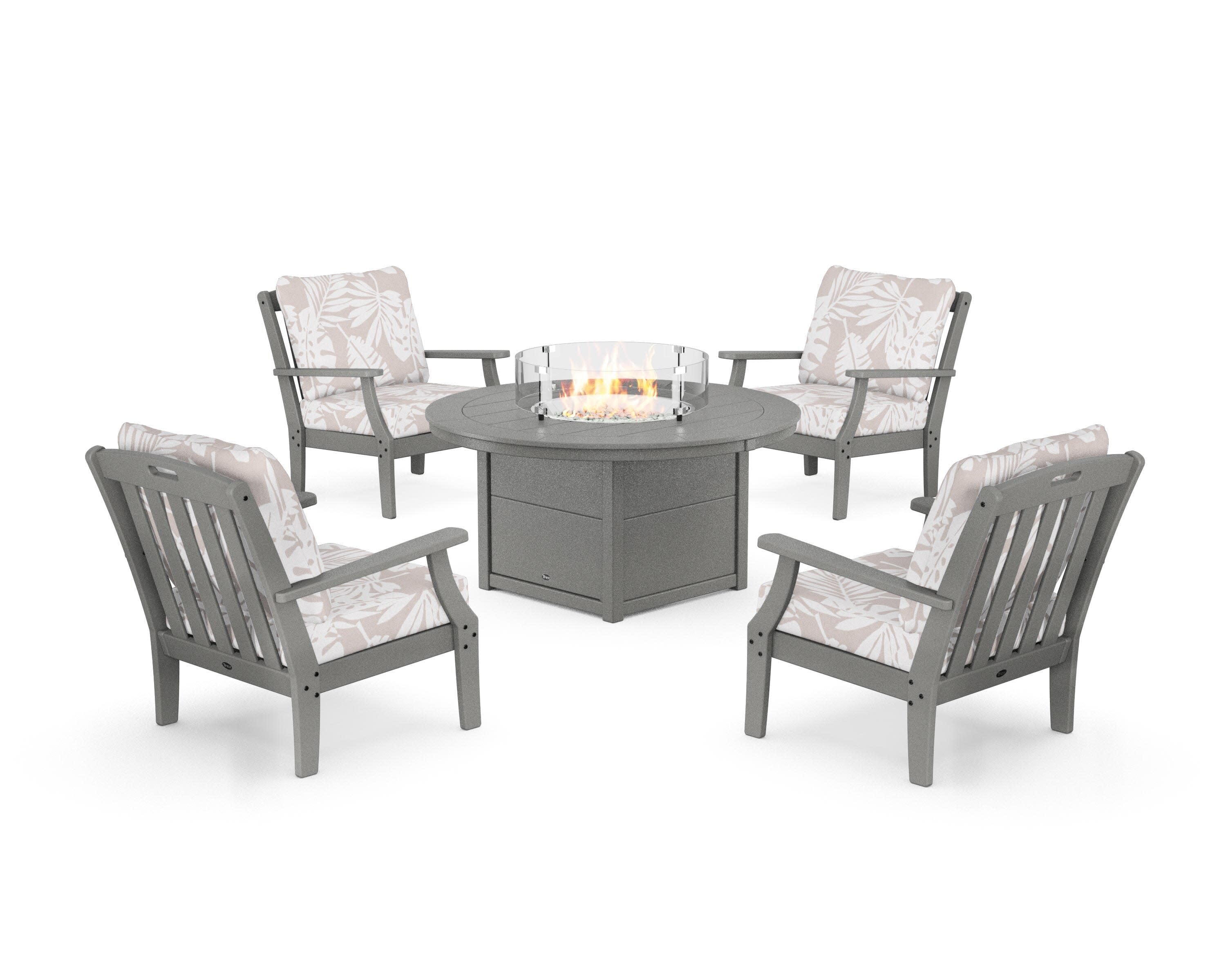 Yacht Club 5-Piece Deep Seating Set with Round Fire Pit Table in Stepping Stone / Leaf Dune Burlap