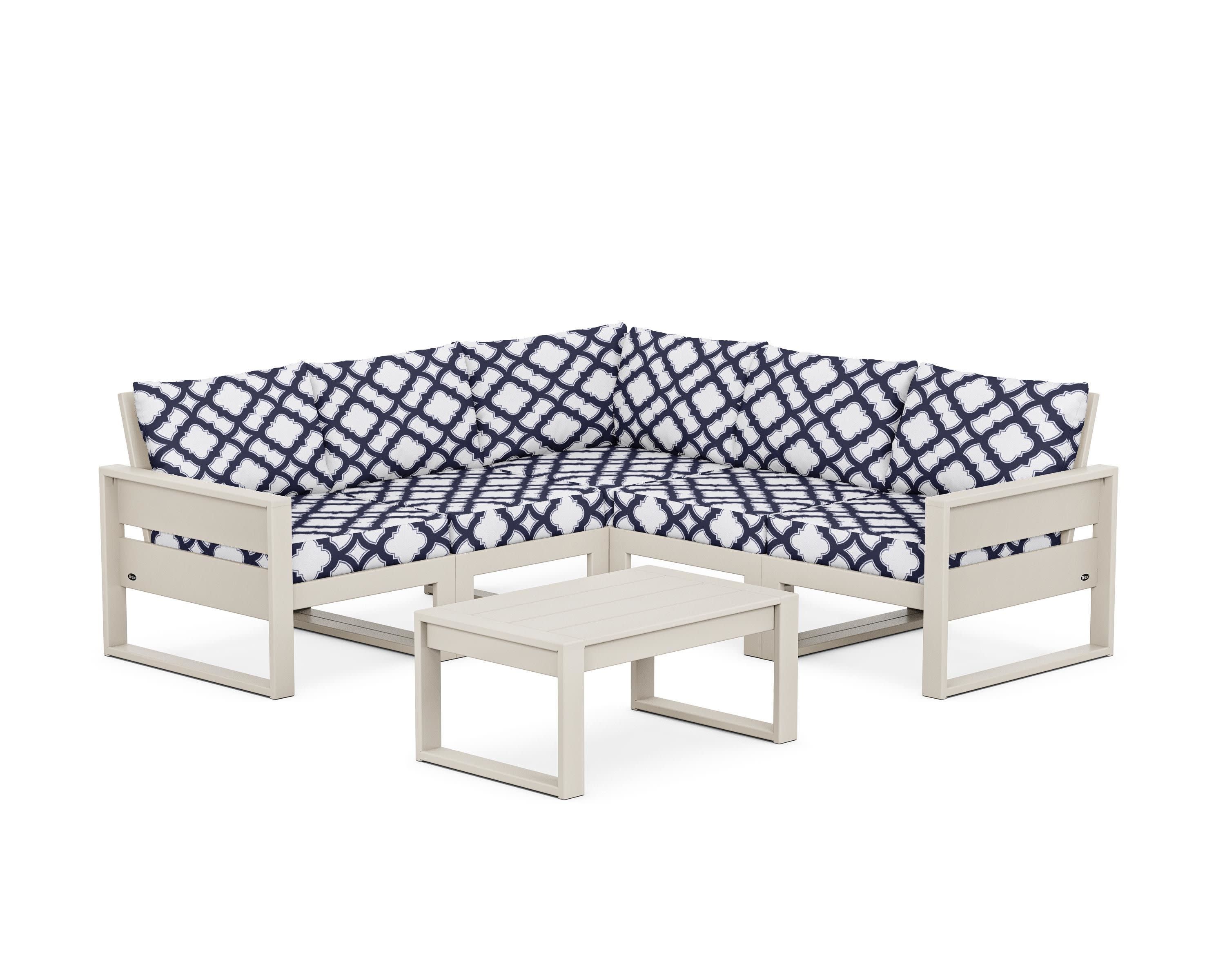 Eastport 6-Piece Deep Seating Sectional + Coffee Table Set in Sand Castle / Trellis Navy