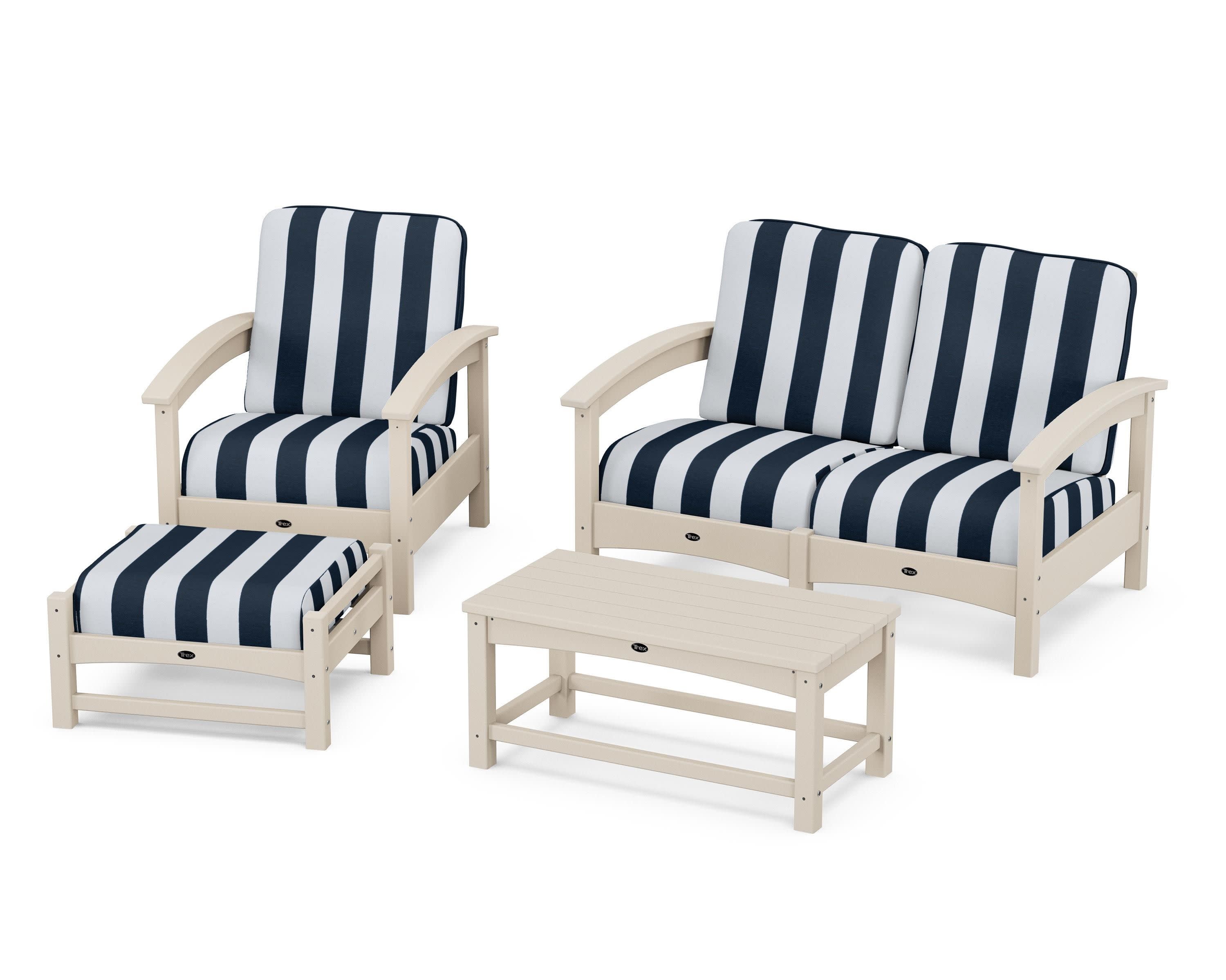 Rockport 4-Piece Deep Seating Conversation Group in Sand Castle / Cabana Stripe Marine Indigo