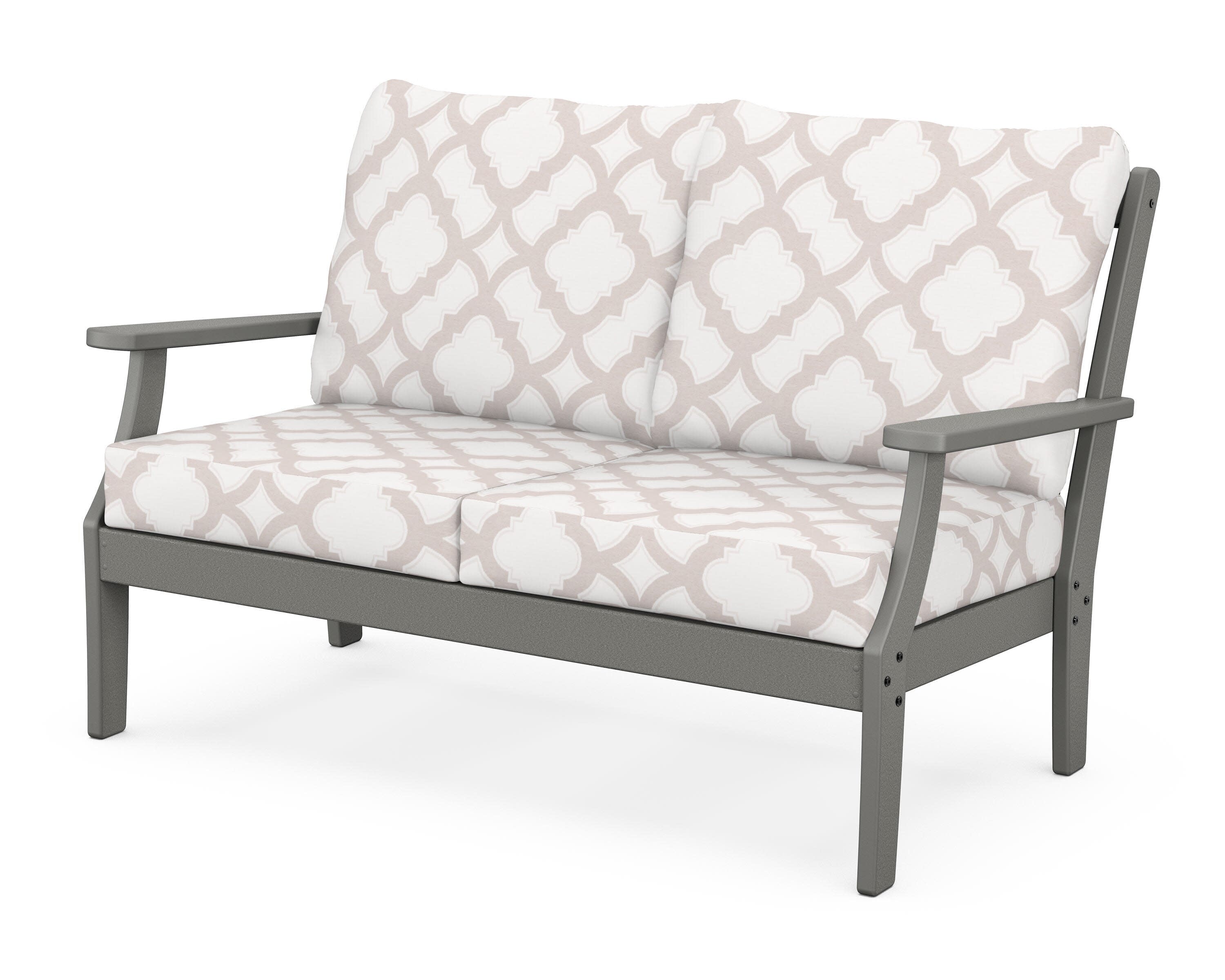 Yacht Club Deep Seating Loveseat in Stepping Stone / Trellis Dune Burlap