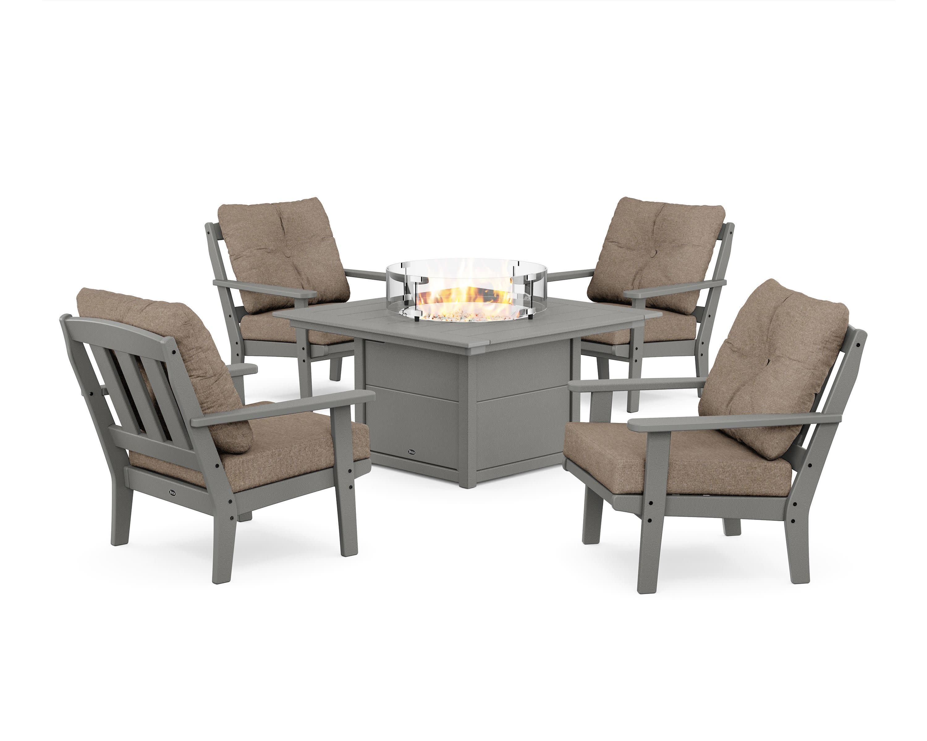 Cape Cod 5-Piece Deep Seating Set with Fire Pit Table in Stepping Stone / Spiced Burlap