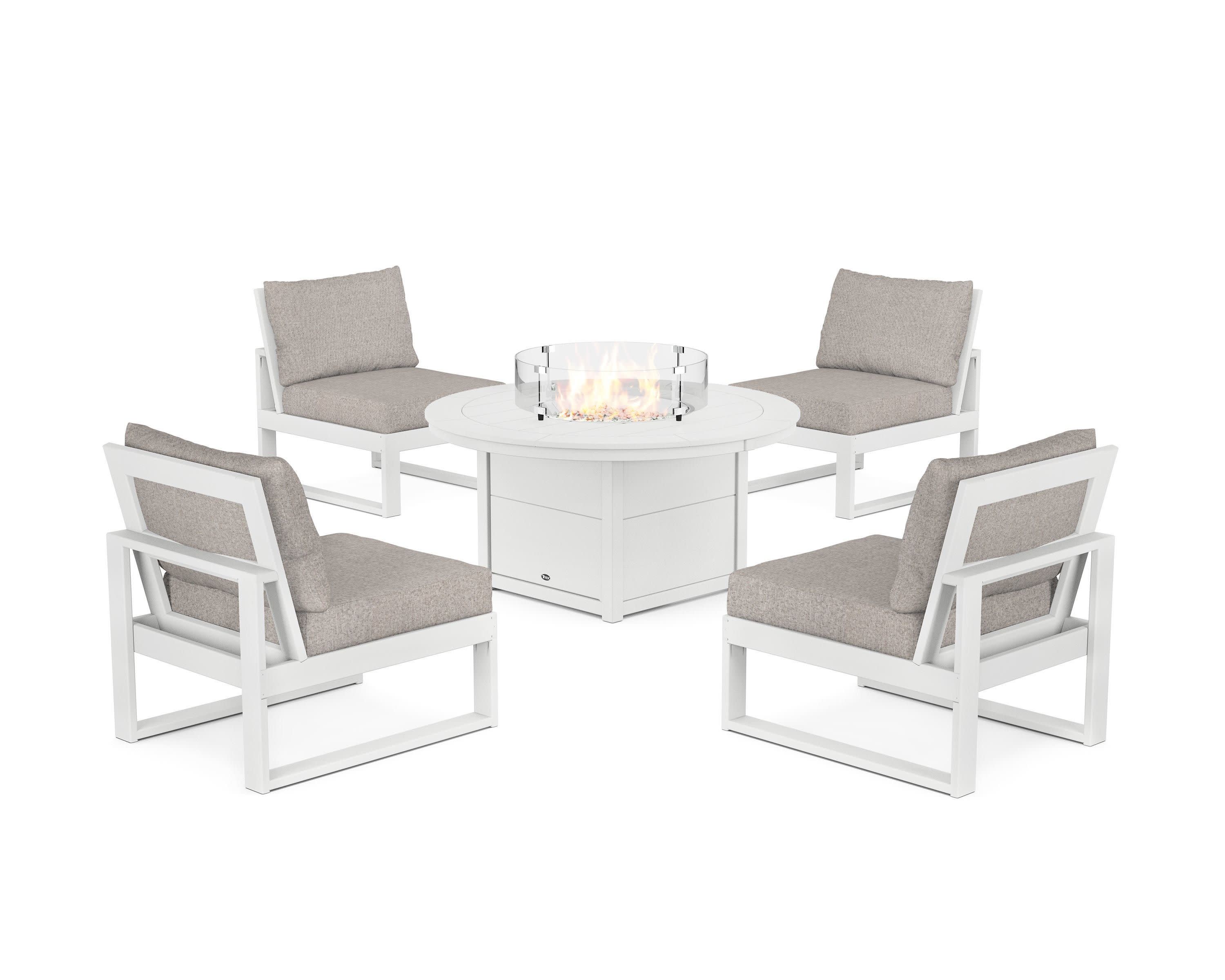 Eastport Modular 5-Piece Deep Seating Set with Round Fire Pit Table in Classic White / Weathered Tweed
