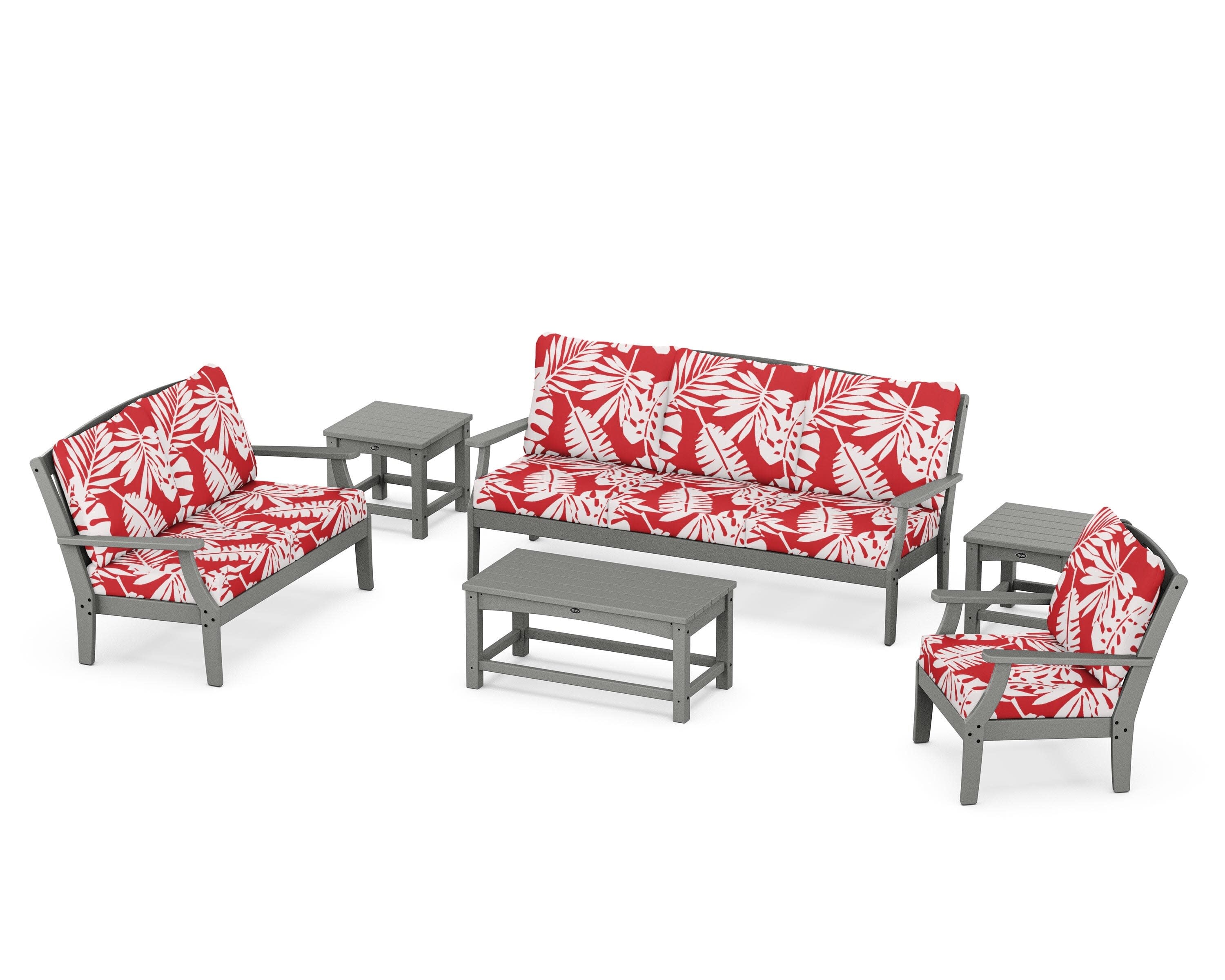 Yacht Club 6-Piece Deep Seating Set in Stepping Stone / Leaf Crimson