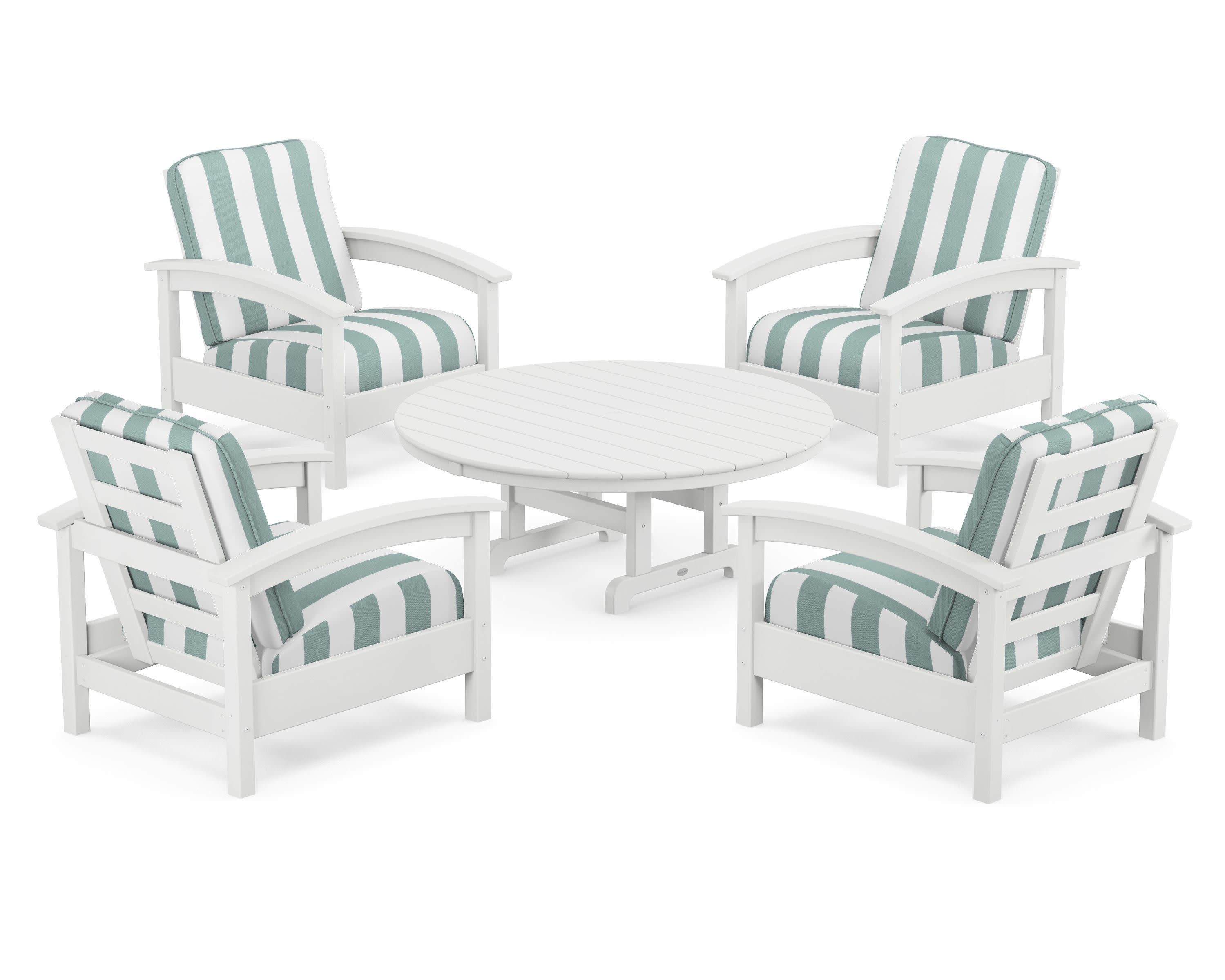 Rockport 5-Piece Deep Seating Set in Classic White / Cabana Stripe Glacier Spa