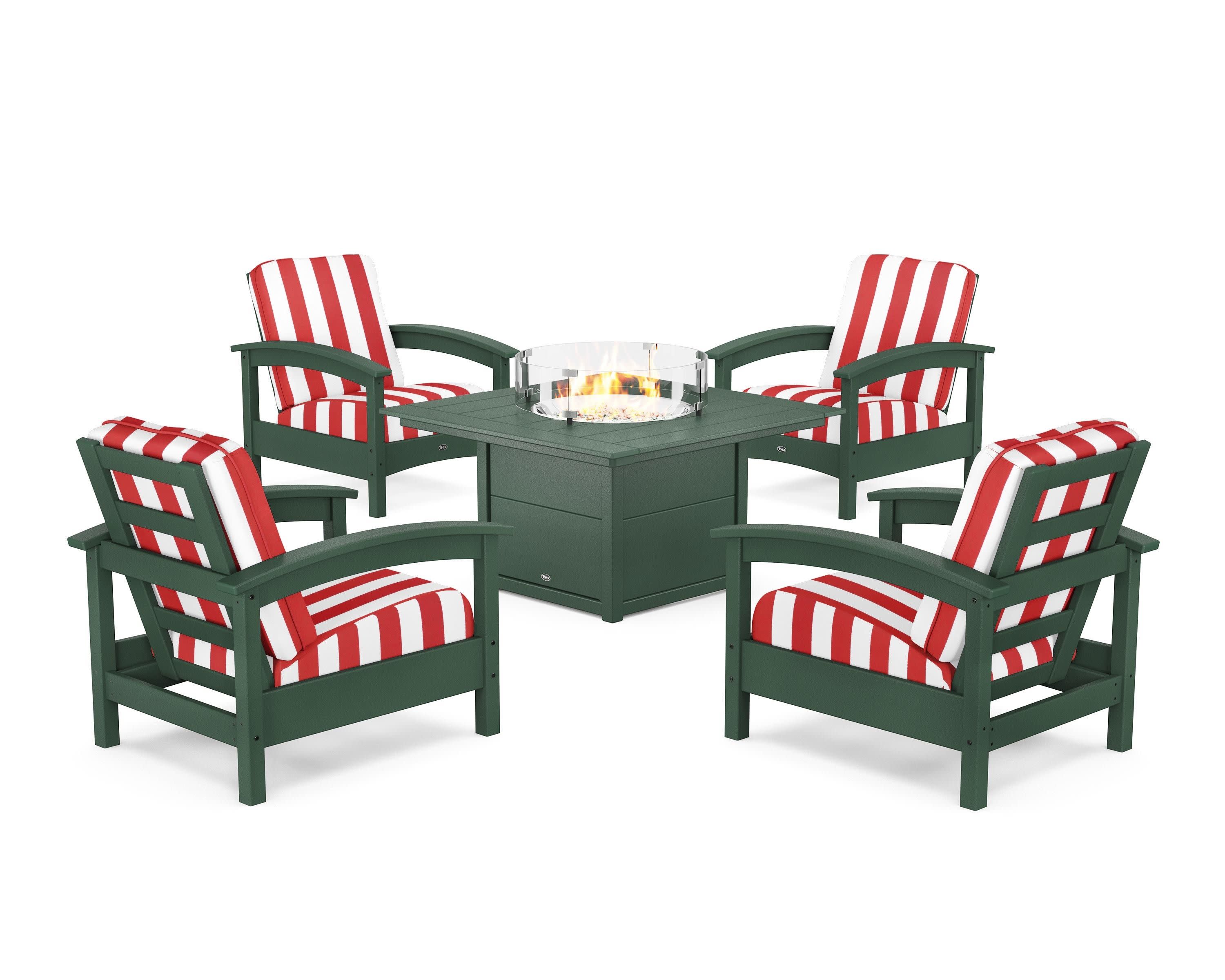 Rockport 5-Piece Deep Seating Set with Square Fire Pit Table in Rainforest Canopy / Cabana Stripe Crimson