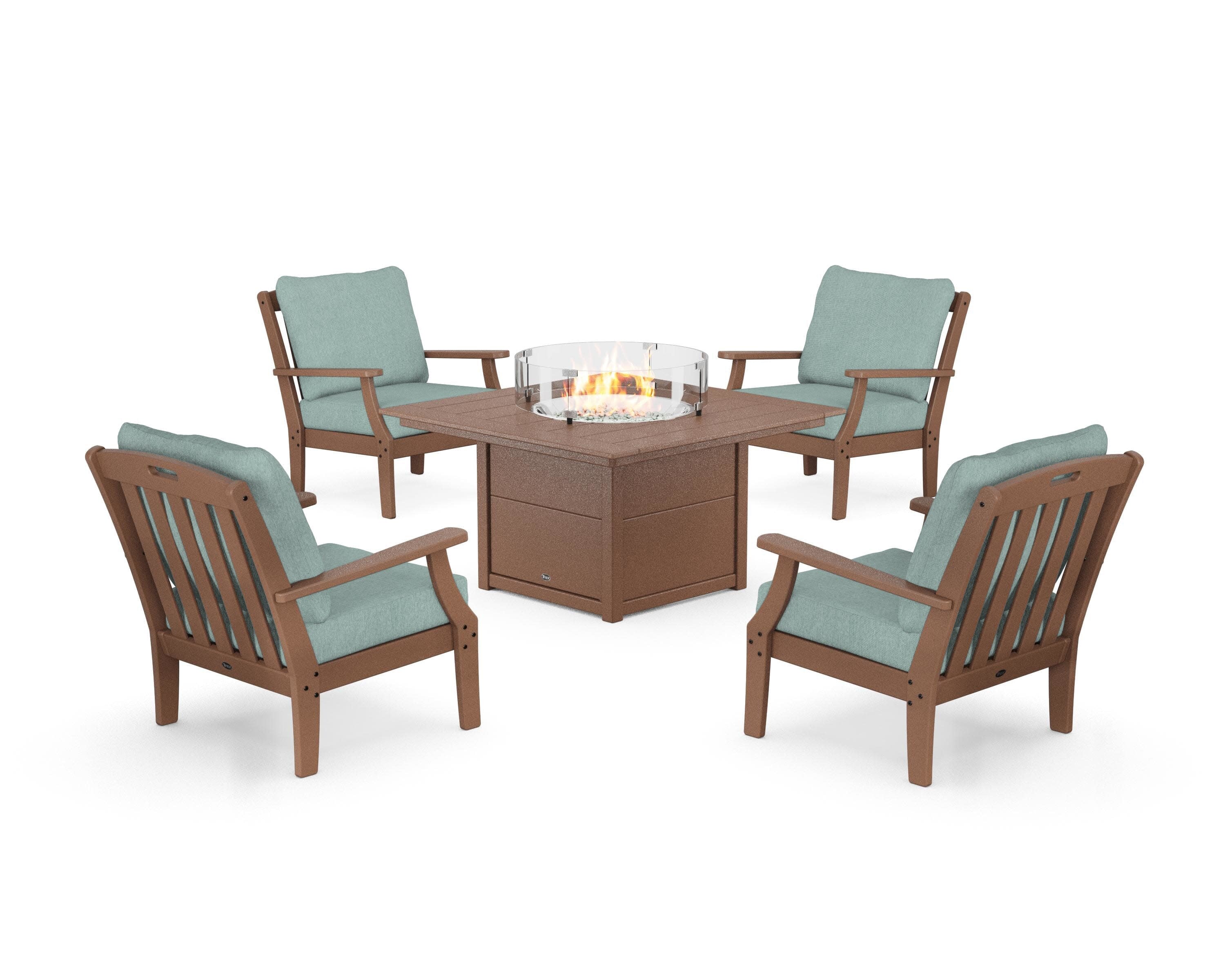 Yacht Club 5-Piece Deep Seating Set with Square Fire Pit Table in Tree House / Glacier Spa