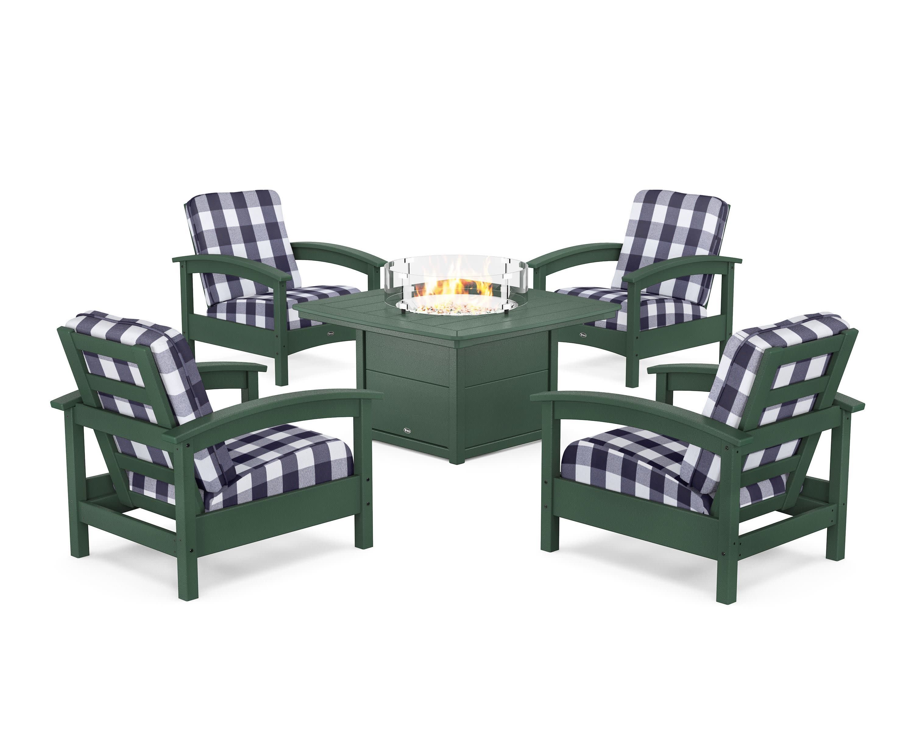 Rockport 5-Piece Deep Seating Set with Yacht Club Fire Pit Table in Rainforest Canopy / Buffalo Plaid Navy