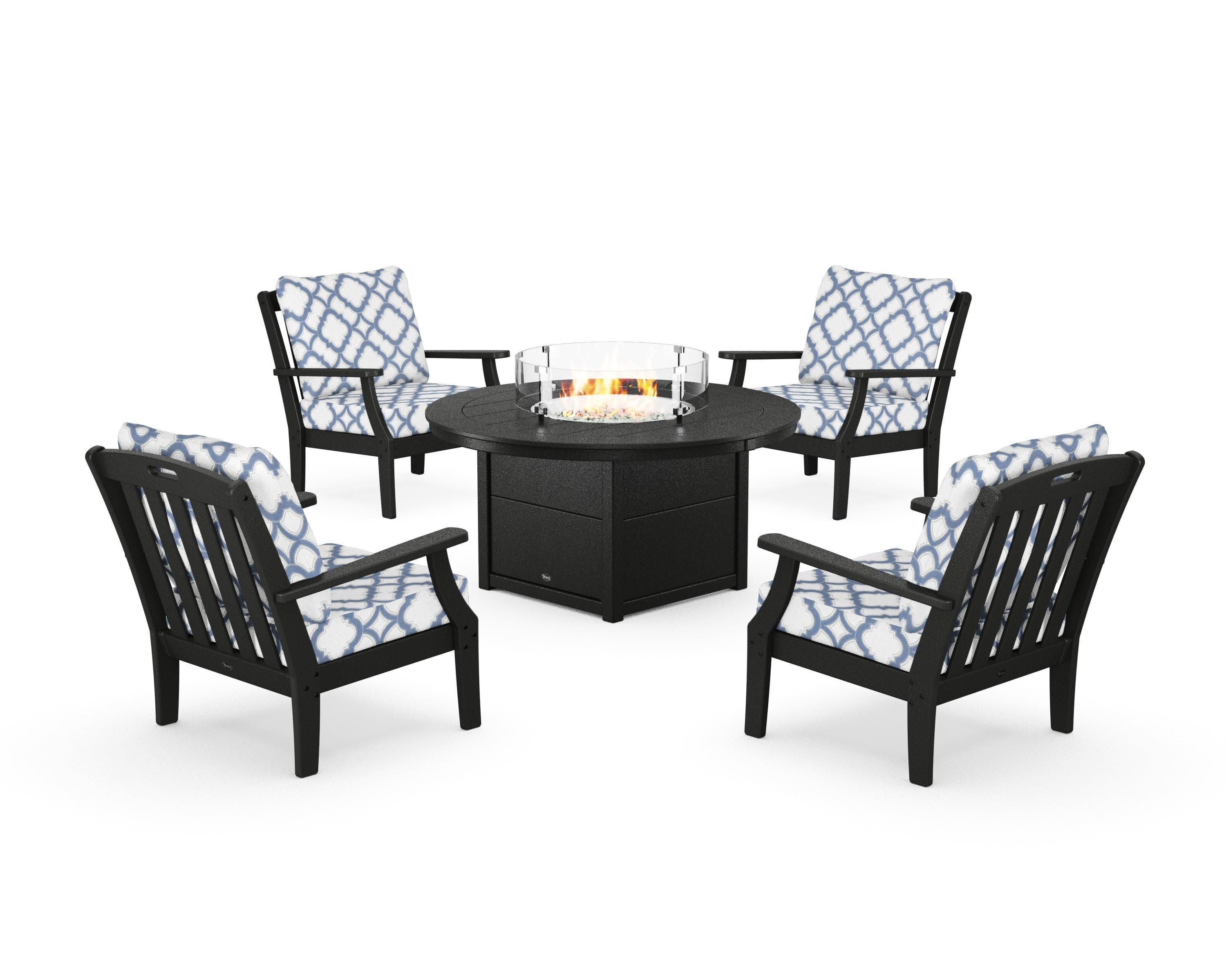 Yacht Club 5-Piece Deep Seating Set with Round Fire Pit Table in Charcoal Black / Trellis Sky Blue