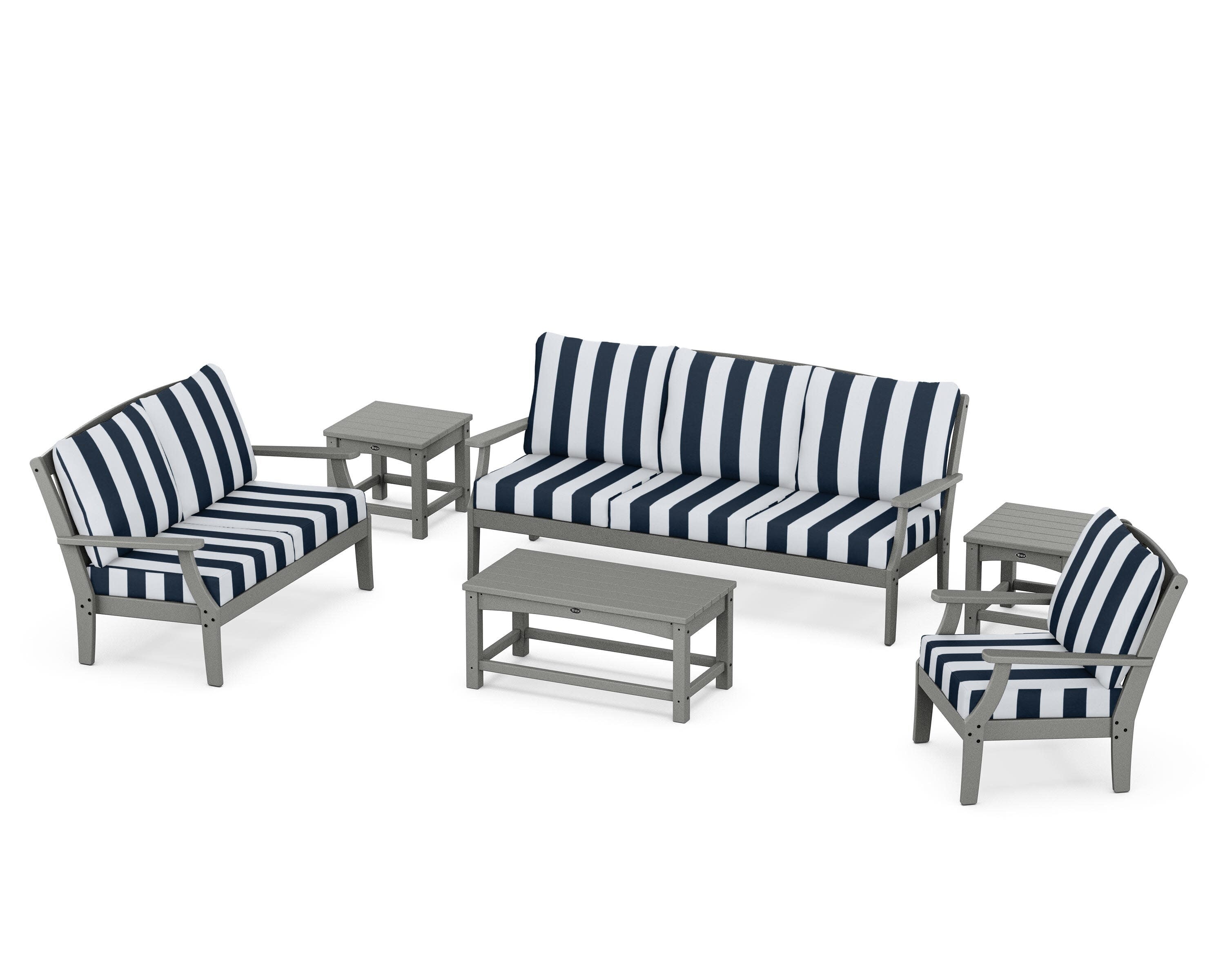 Yacht Club 6-Piece Deep Seating Set in Stepping Stone / Cabana Stripe Marine Indigo