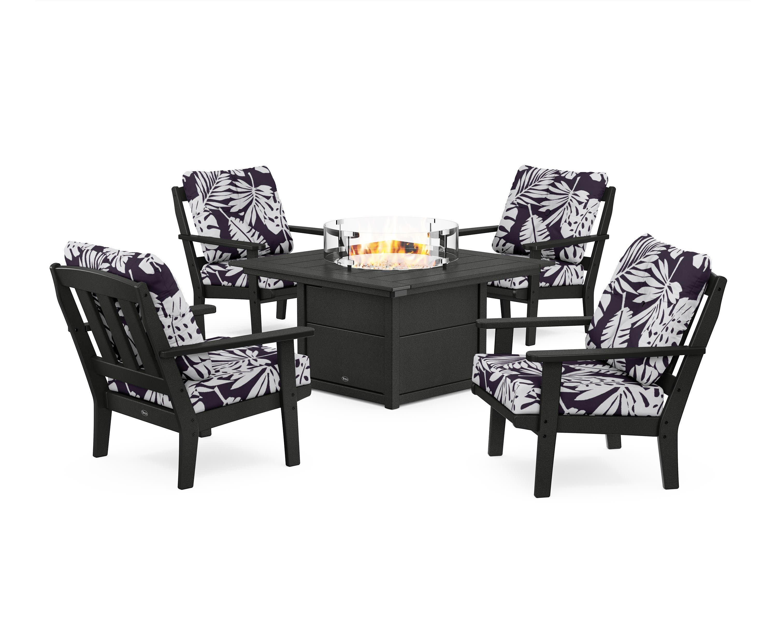 Cape Cod 5-Piece Deep Seating Set with Fire Pit Table in Charcoal Black / Leaf Navy