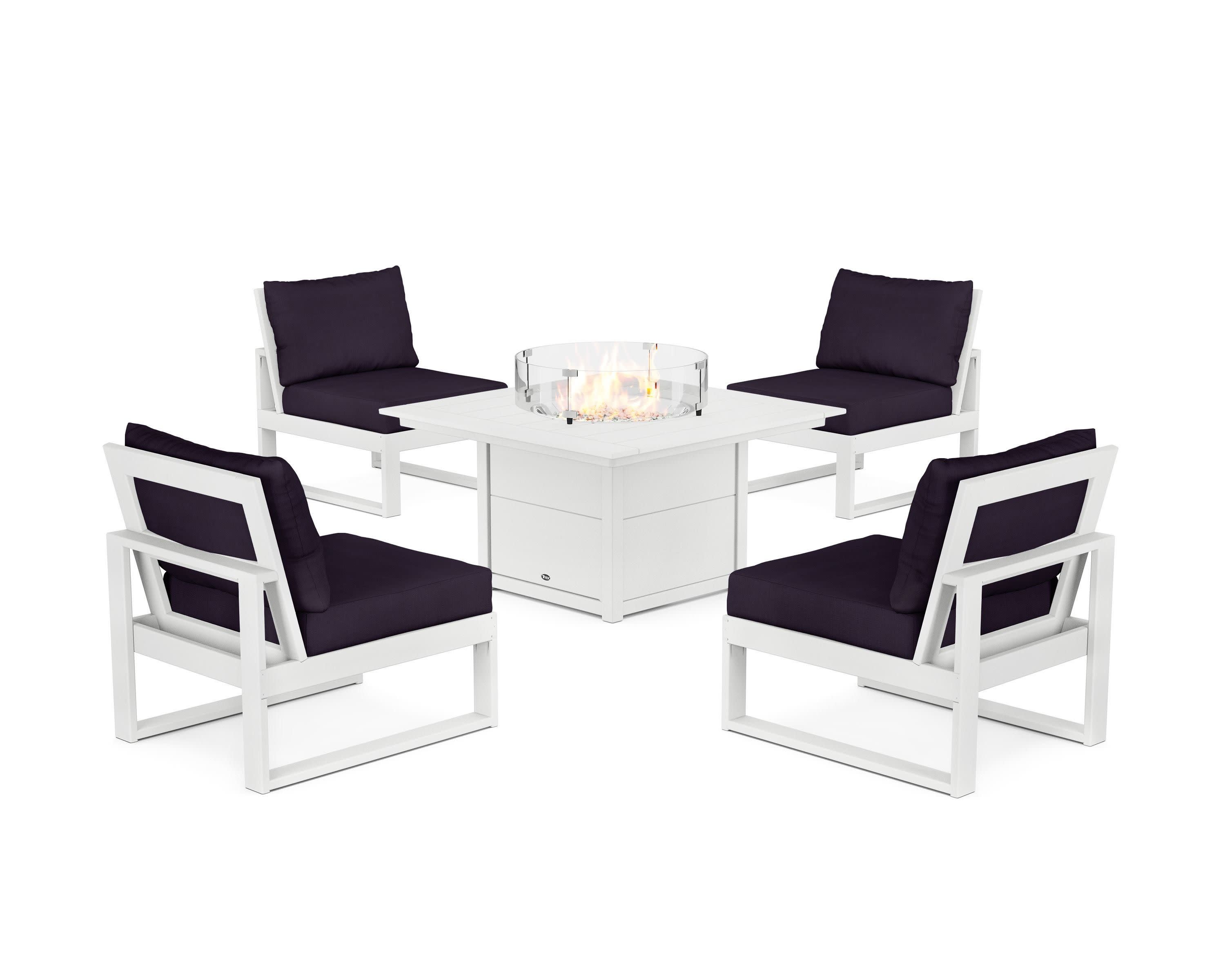Eastport Modular 5-Piece Deep Seating Set with Square Fire Pit Table in Classic White / Navy Linen