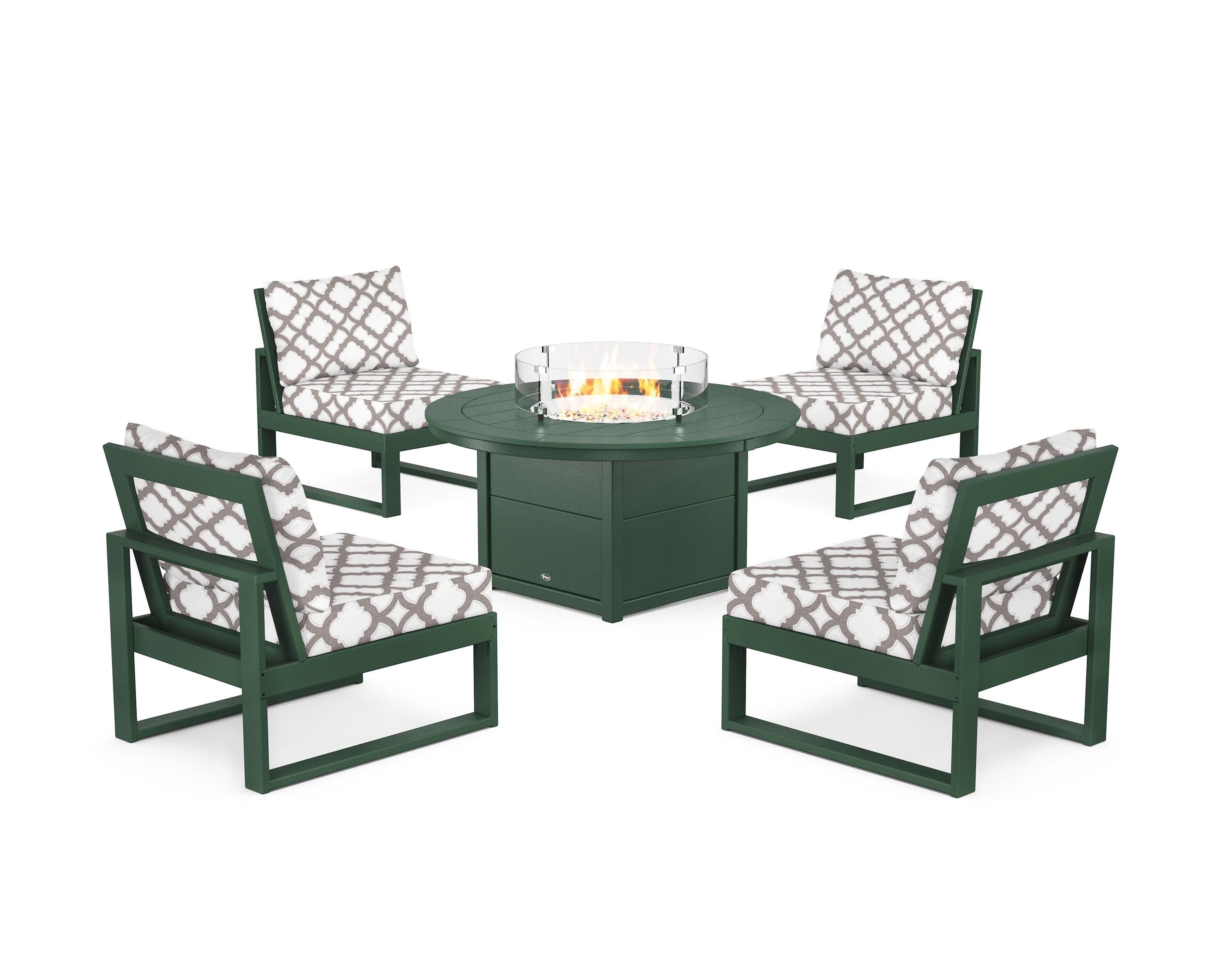 Eastport Modular 5-Piece Deep Seating Set with Round Fire Pit Table in Rainforest Canopy / Trellis Grey Mist