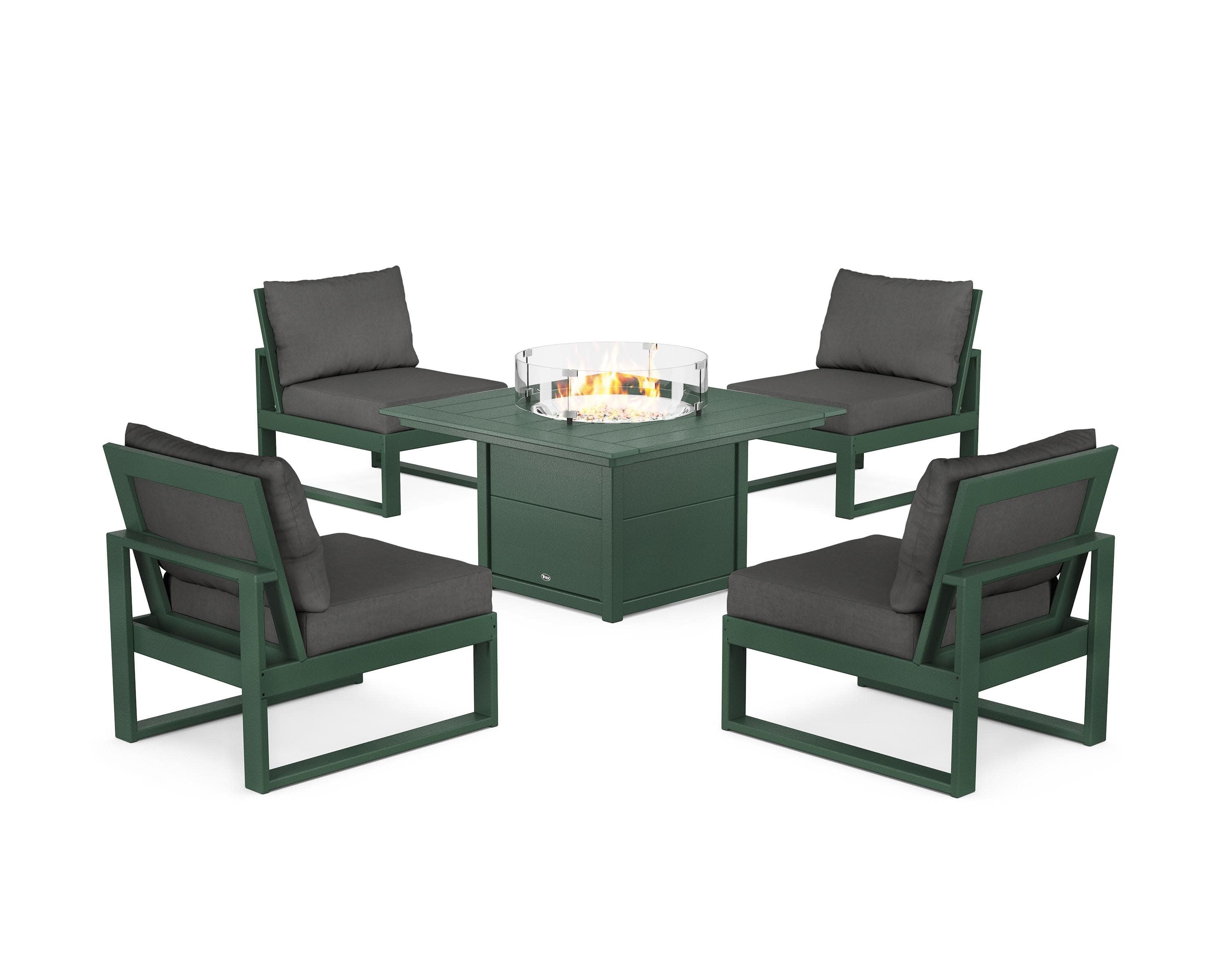Eastport Modular 5-Piece Deep Seating Set with Square Fire Pit Table in Rainforest Canopy / Spectrum Carbon