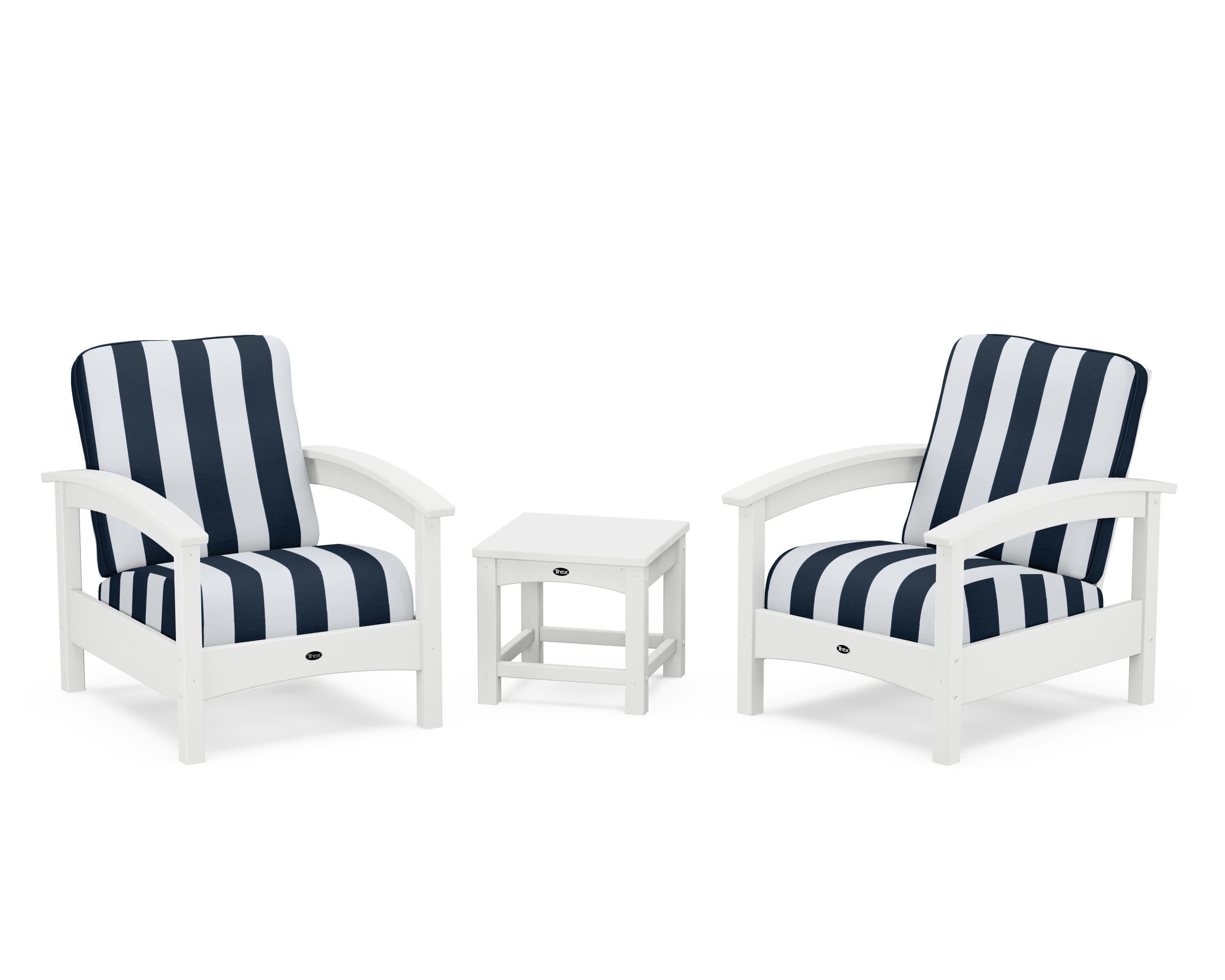 Rockport Club 3-Piece Deep Seating Conversation Set in Classic White / Cabana Stripe Marine Indigo
