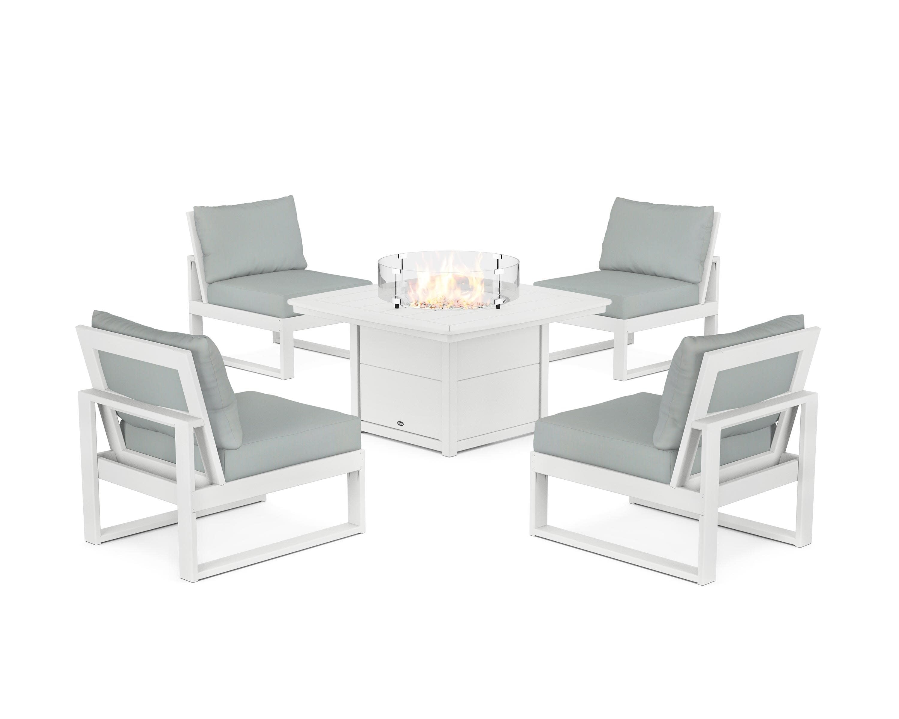 Eastport Modular 5-Piece Deep Seating Set with Yacht Club Fire Pit Table in Classic White / Spa