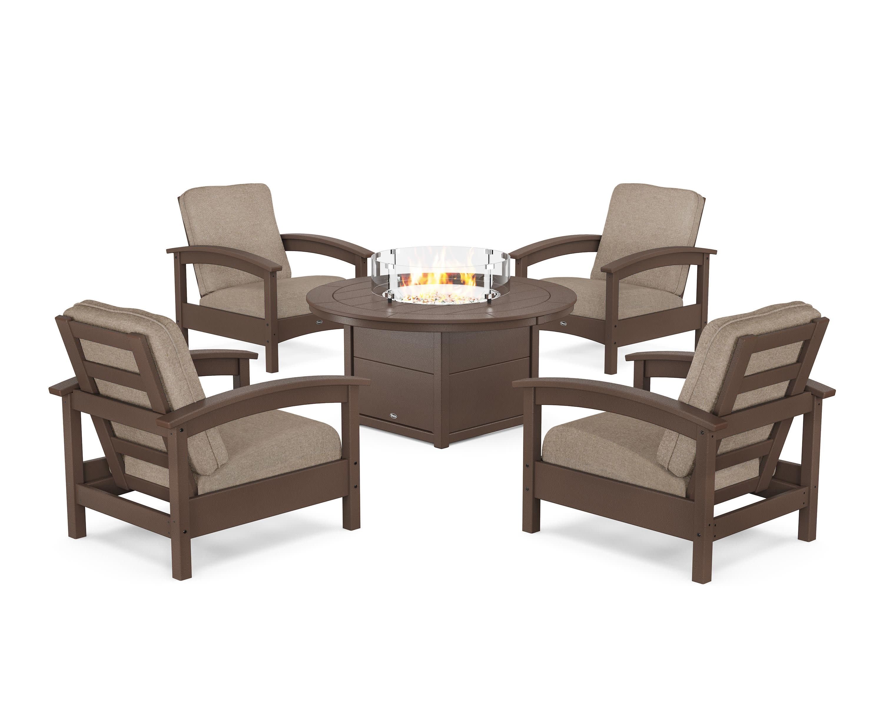 Rockport 5-Piece Deep Seating Set with Round Fire Pit Table in Vintage Lantern / Spiced Burlap