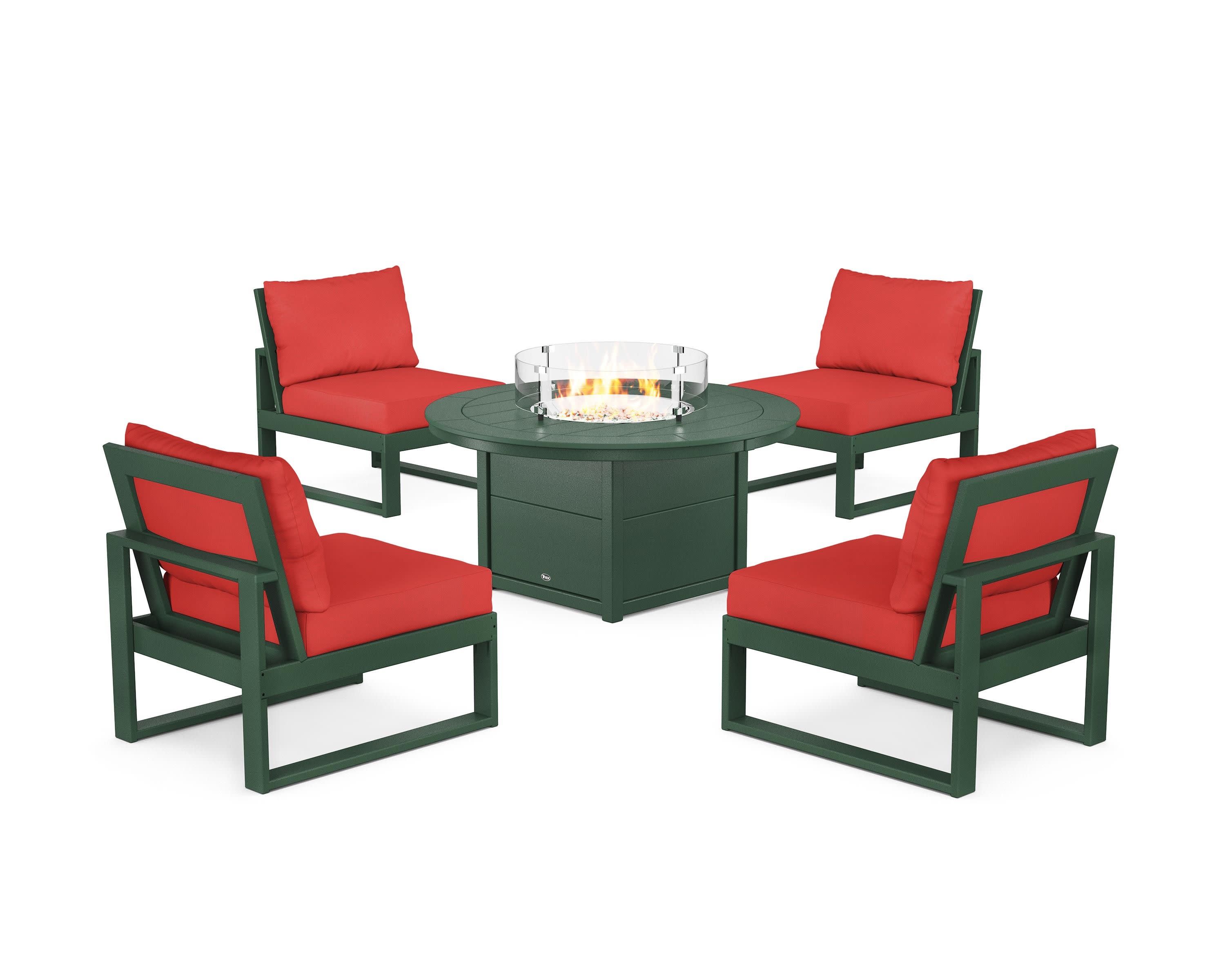 Eastport Modular 5-Piece Deep Seating Set with Round Fire Pit Table in Rainforest Canopy / Crimson Linen
