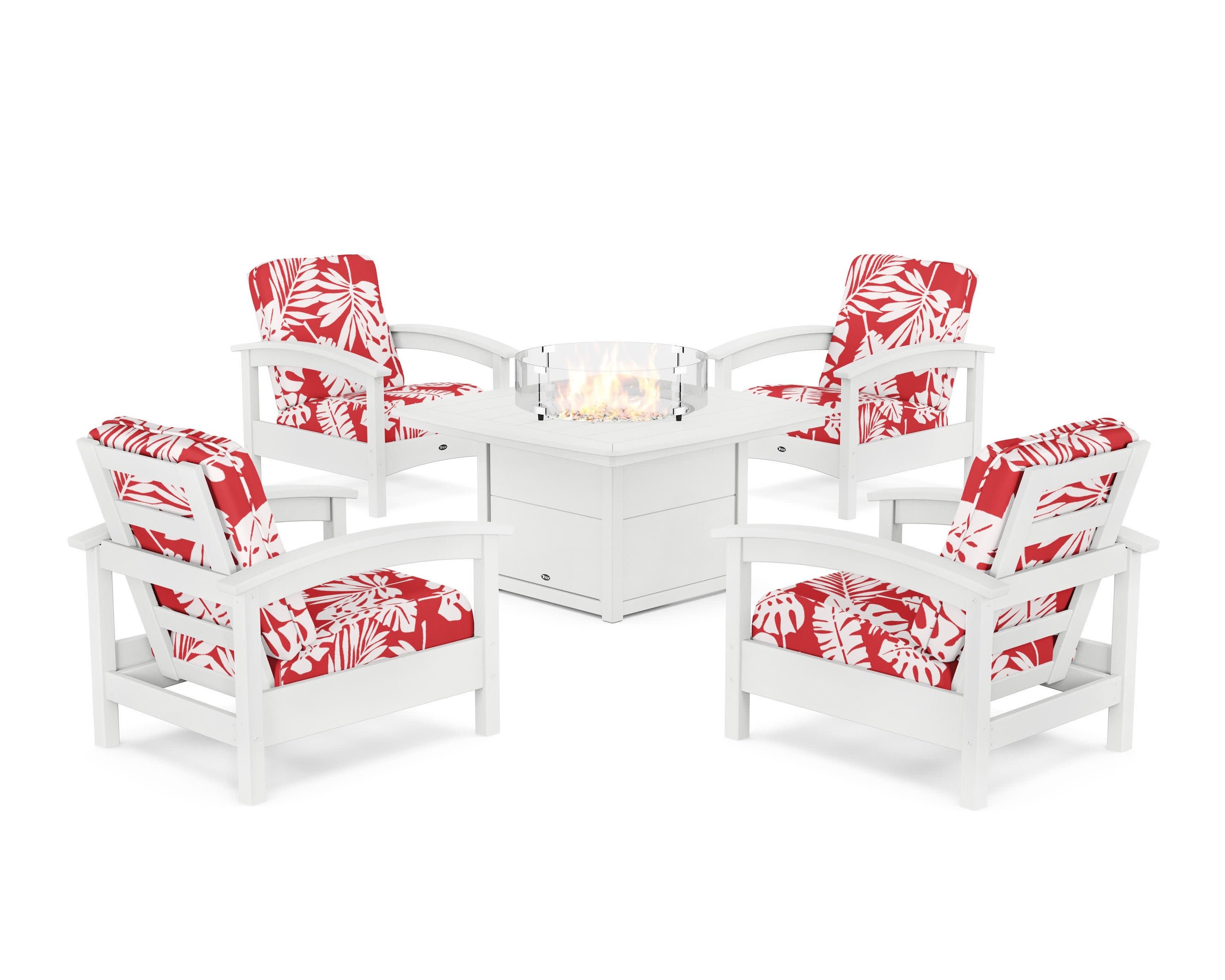 Rockport 5-Piece Deep Seating Set with Yacht Club Fire Pit Table in Classic White / Leaf Crimson