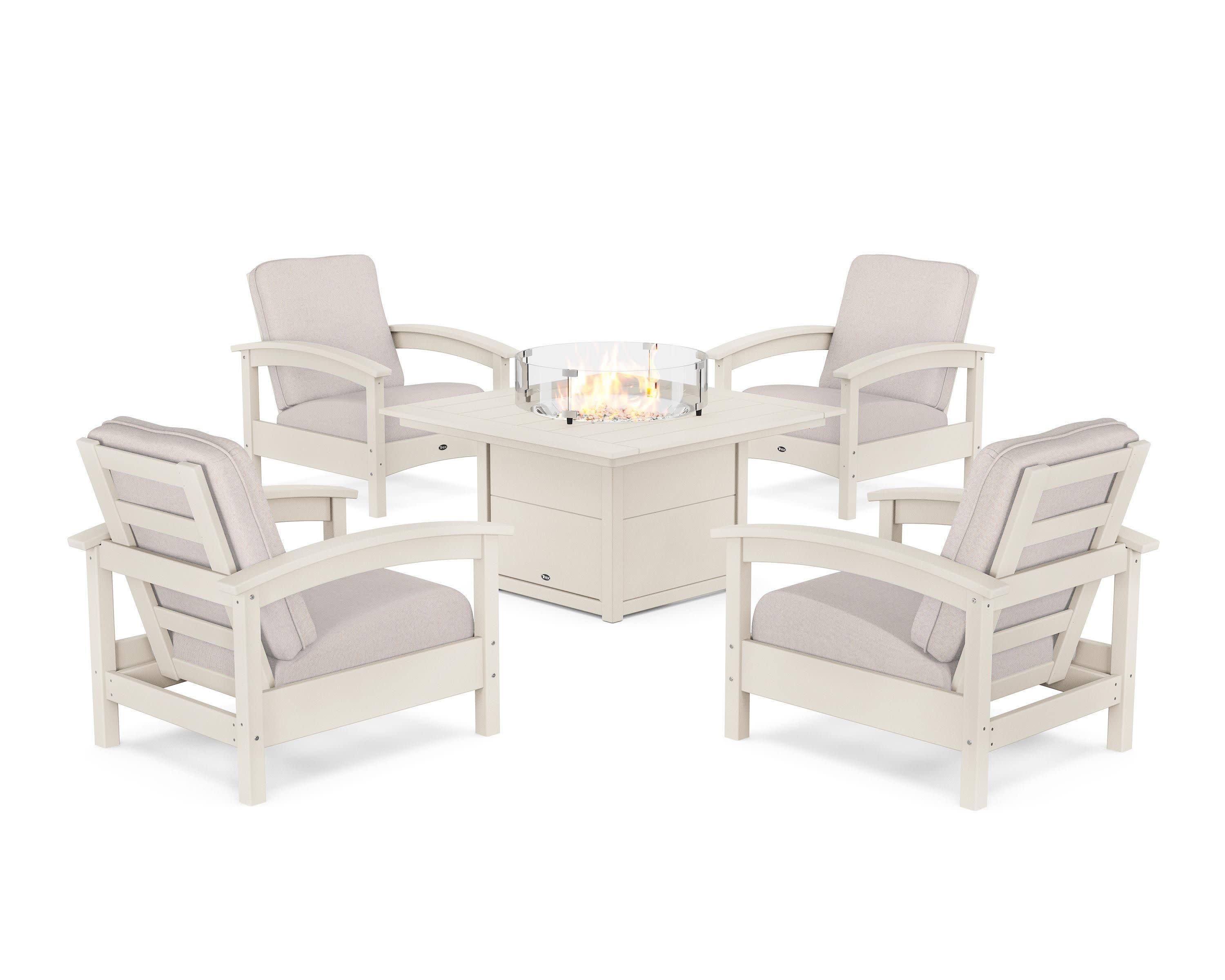 Rockport 5-Piece Deep Seating Set with Square Fire Pit Table in Sand Castle / Dune Burlap