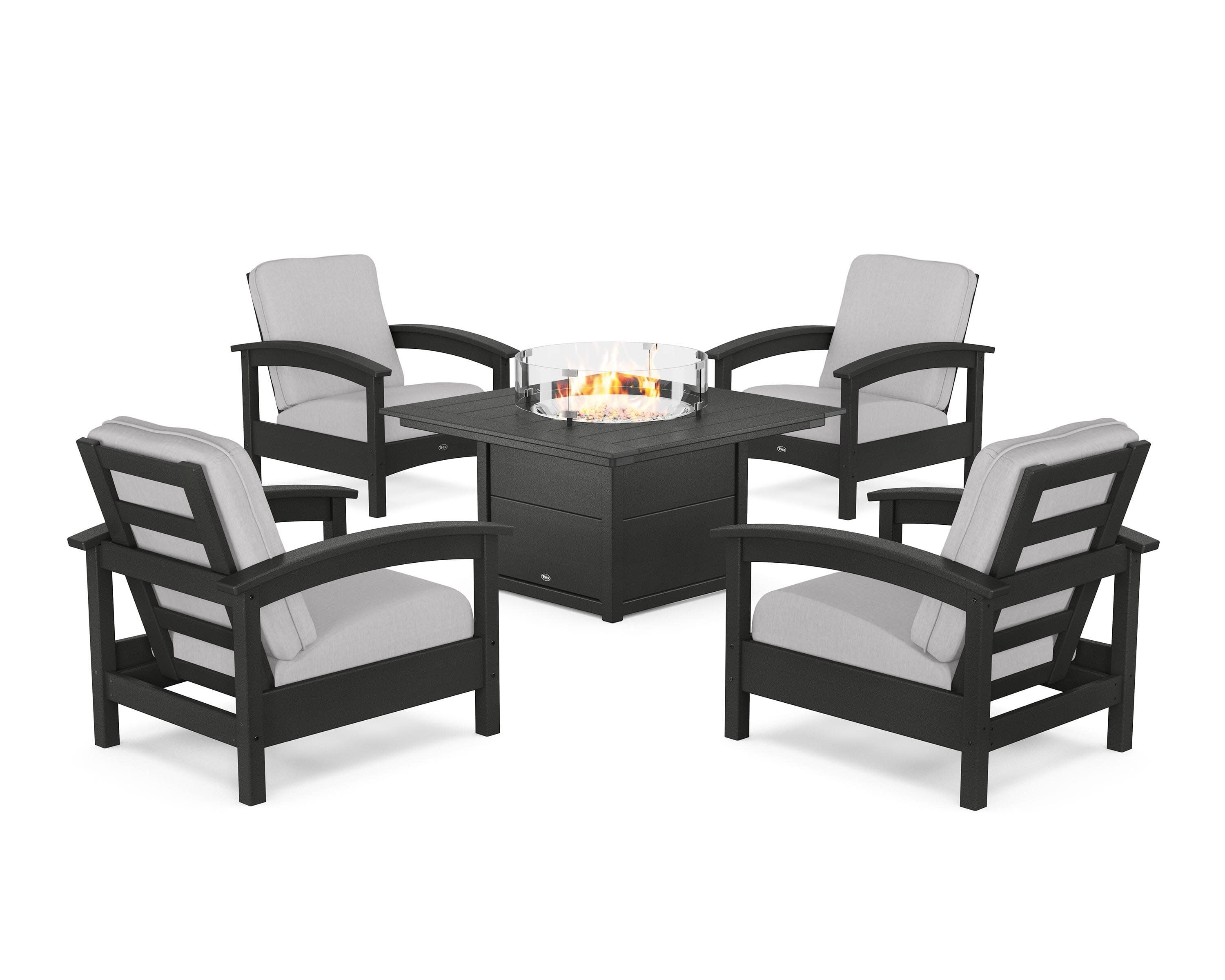 Rockport 5-Piece Deep Seating Set with Square Fire Pit Table in Charcoal Black / Granite